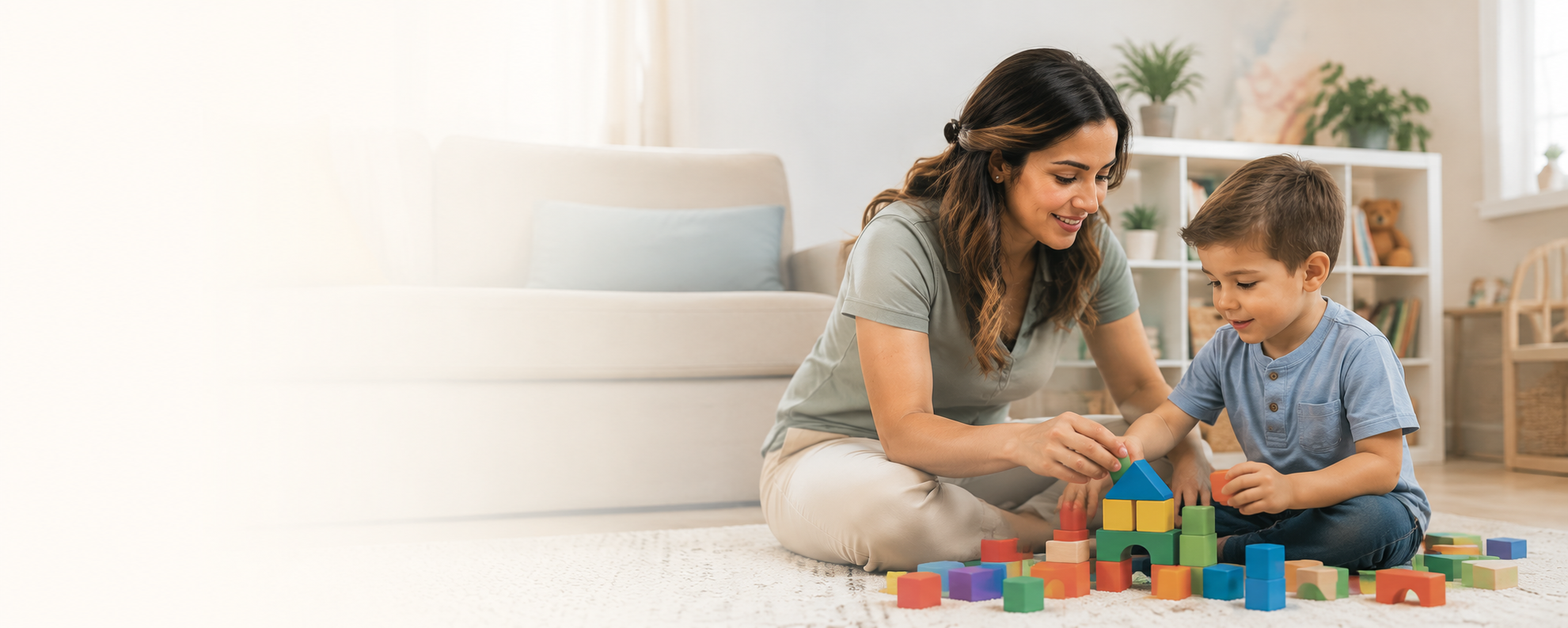 A woman and a young boy playing with colorful wooden building blocks on a white carpet in a bright living room.