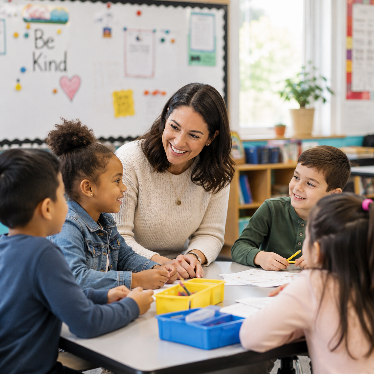 A smiling female teacher talks with a group of diverse young students in a classroom during a lesson.