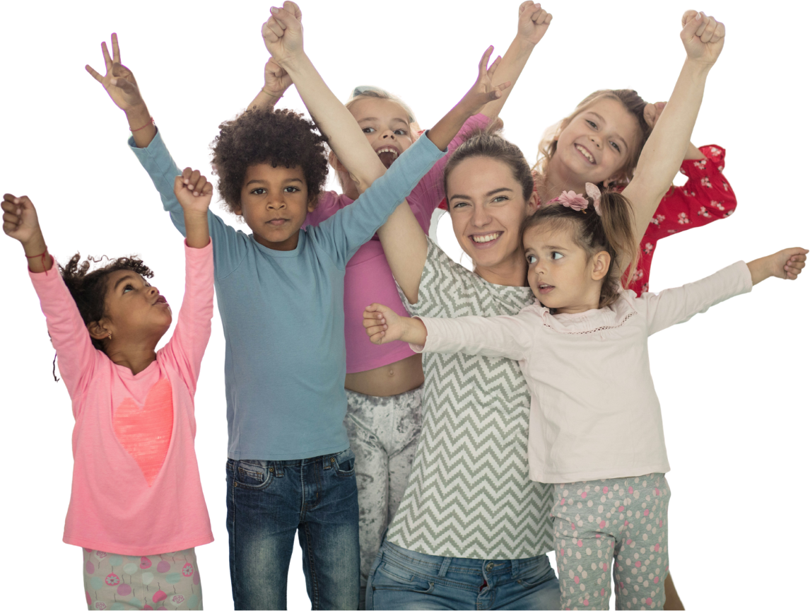 A diverse group of children and a woman celebrating with their arms raised in the air.
