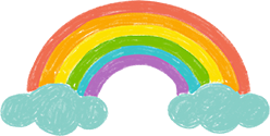 Colorful rainbow arching over blue clouds against an orange sky.