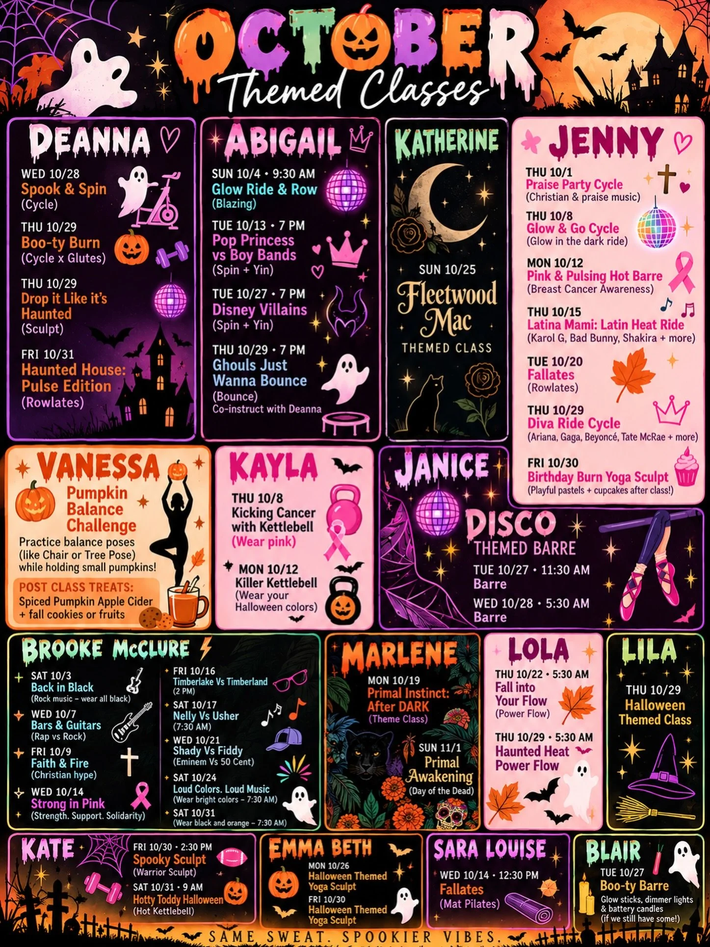 Let&rsquo;s get this party started!!!!🎃👻💀 
Themed classes ALL month during October!!!🤟🏻
Take pics and post tagging Gypsy=get an entry into a FREE MONTH AT GYPSY!!💥🙌🏻👯&zwj;♀️ Check out some of the themed classes per instructor!!🪩🕺🏻
