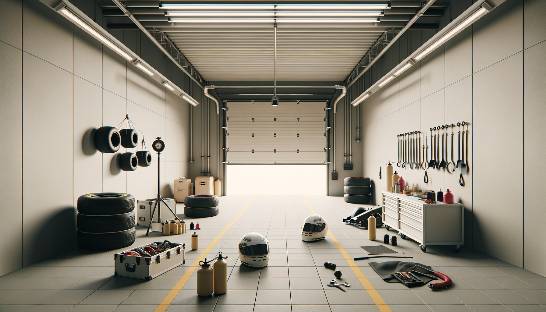 Interior of a garage with tire equipment, tools, helmets, and automotive supplies organized on the walls and floor.