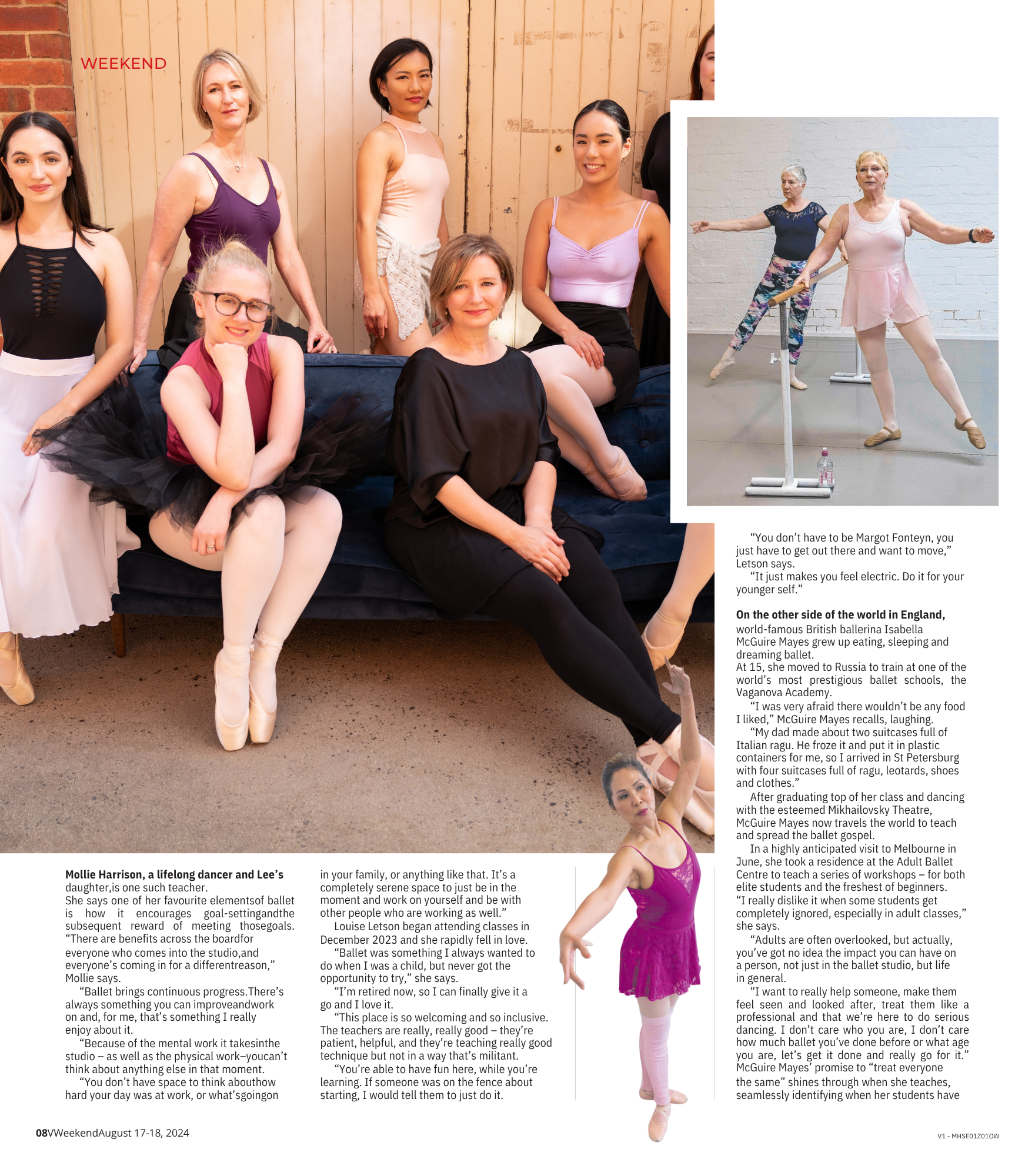 Group of women in ballet attire, sitting and standing in a studio with a wooden wall background, with smaller images of older women learning ballet and a ballerina in a pink dress practicing with a barre.