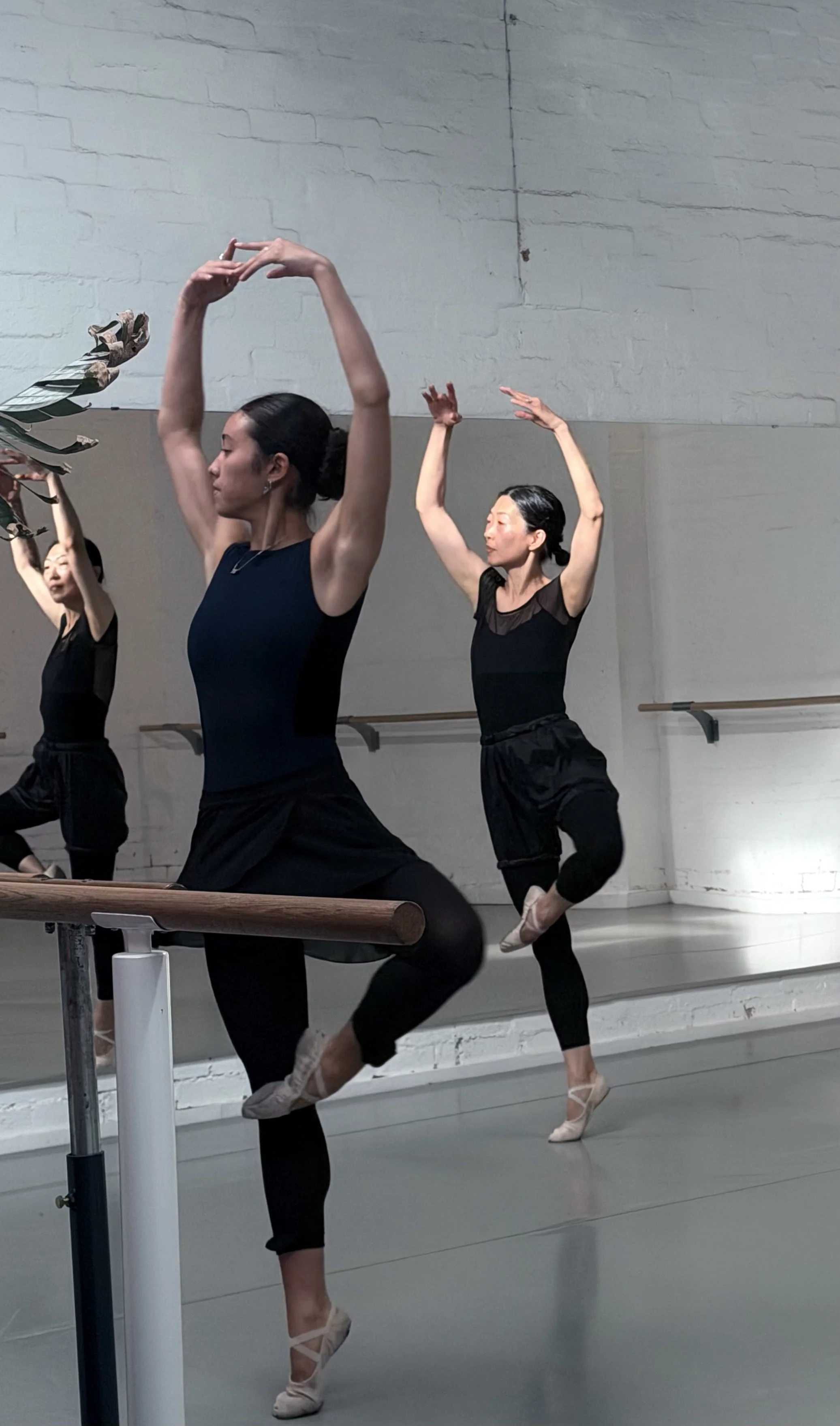 Three adult ballet dancers practicing at a barre in Adult Ballet Centre studio, wearing black outfits and pointe shoes, with one dancer in the foreground and two in the background.