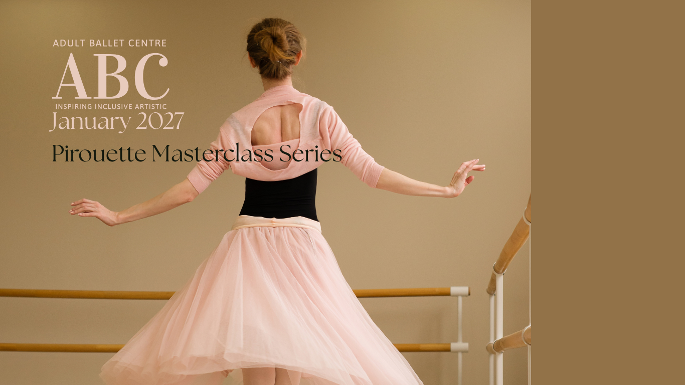 A ballerina in a pink tutu practicing at a ballet barre in a dance studio, with her back to the camera.= advertising the Pirouette Workshop for the Adult Ballet Centre