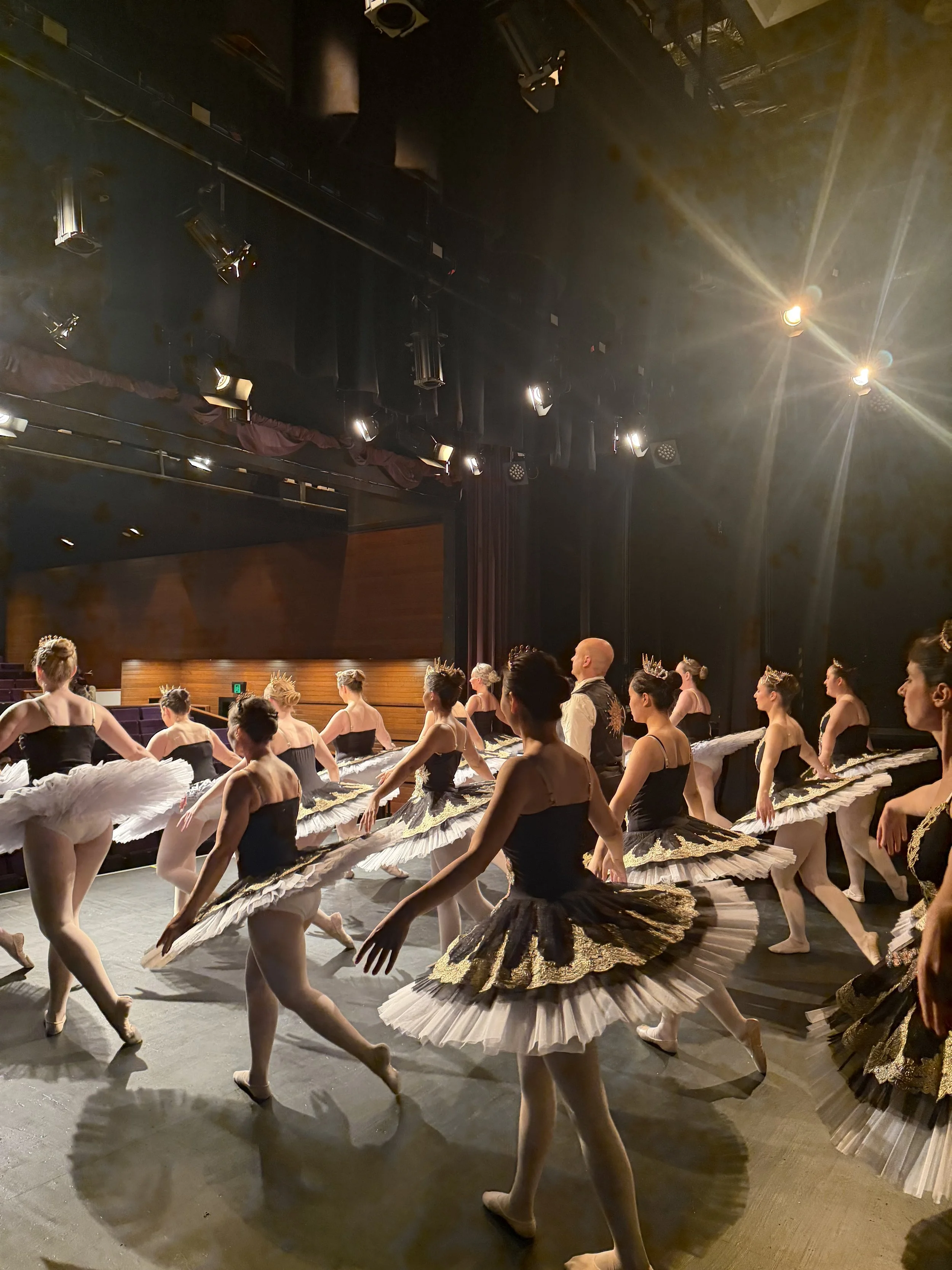 Adult Ballet Centre dancers in black and gold tutu costumes practicing in a theater, illuminated by stage lighting for performance season