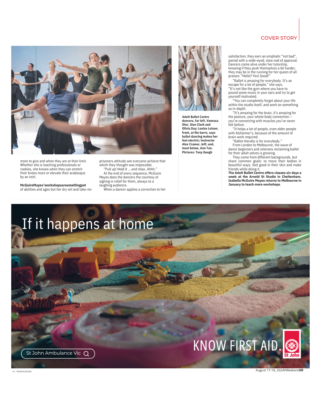 A magazine page featuring a dance class at a ballet center with dancers practicing in a studio, an assortment of toys and first aid items on a colorful rug, and text promoting ballet classes and first aid awareness.