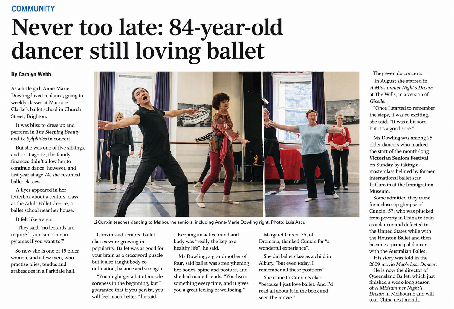 Li Cunxin teaches dance to Melbourne seniors, including Anne-Marie Dowling, in a dance studio with five senior women and a large mirror.