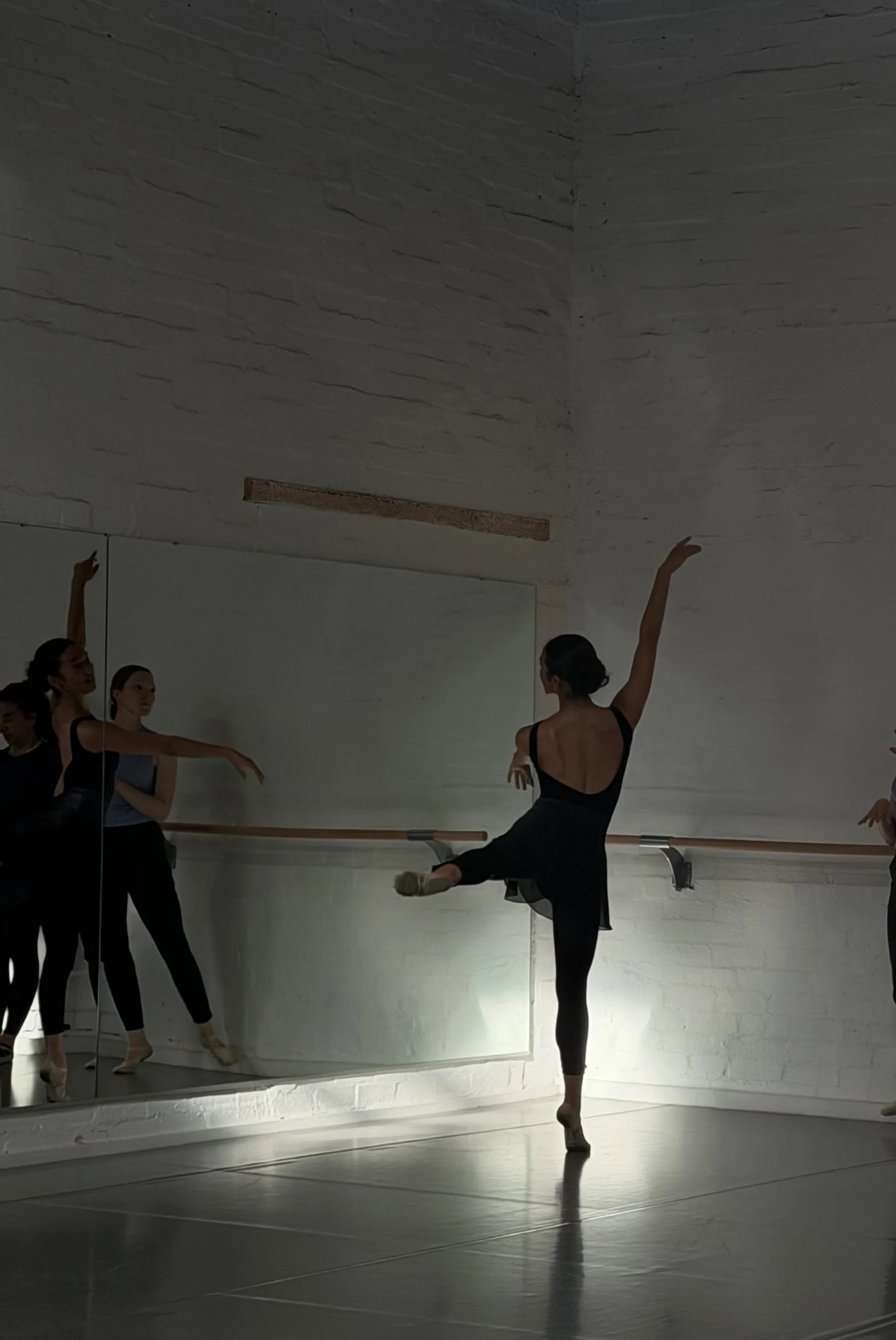 Ballet dancers in a dance studio practicing. One dancer is executing a high kick, while others observe in front of a mirror. The studio has a wooden barre and a large mirror on the wall.