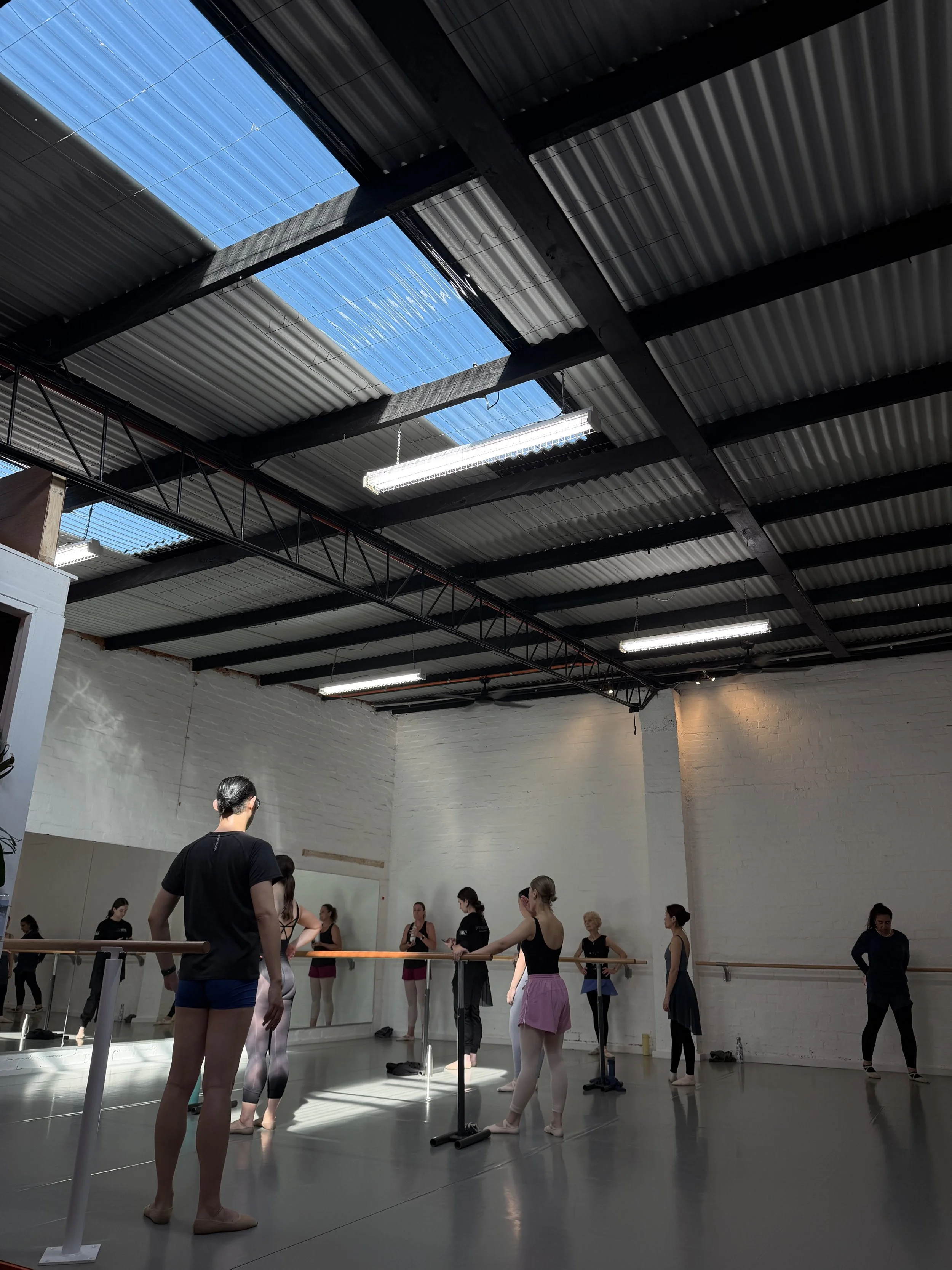 Adult Ballet Centre dancers in a dance class or rehearsal space with a mirror and barre, some dancers are warming up or practicing.