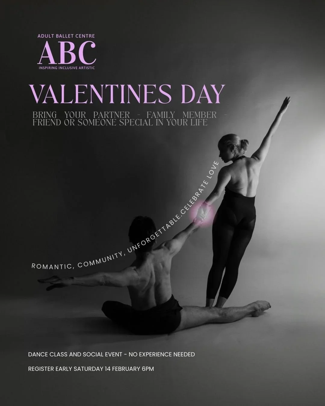 Promotional poster for Adult Ballet Centre ABC's Valentine's Day event featuring a black and white photo of a man and woman in ballet poses, with purple and white text about the event, including date, time, and description.