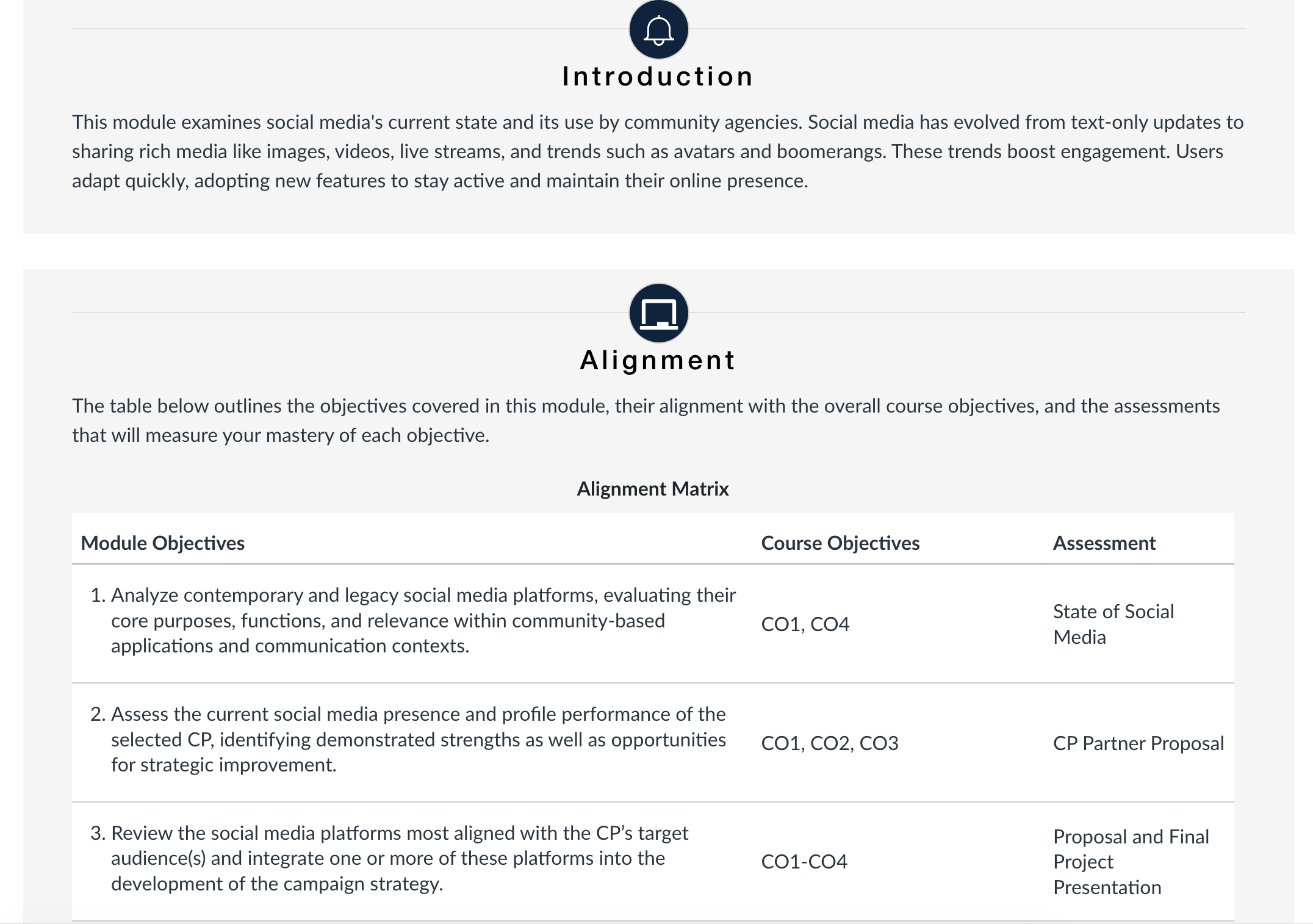 Screenshot of an online course module showing an introduction to social media use by community agencies and an alignment matrix outlining module objectives, course objectives, and assessments.