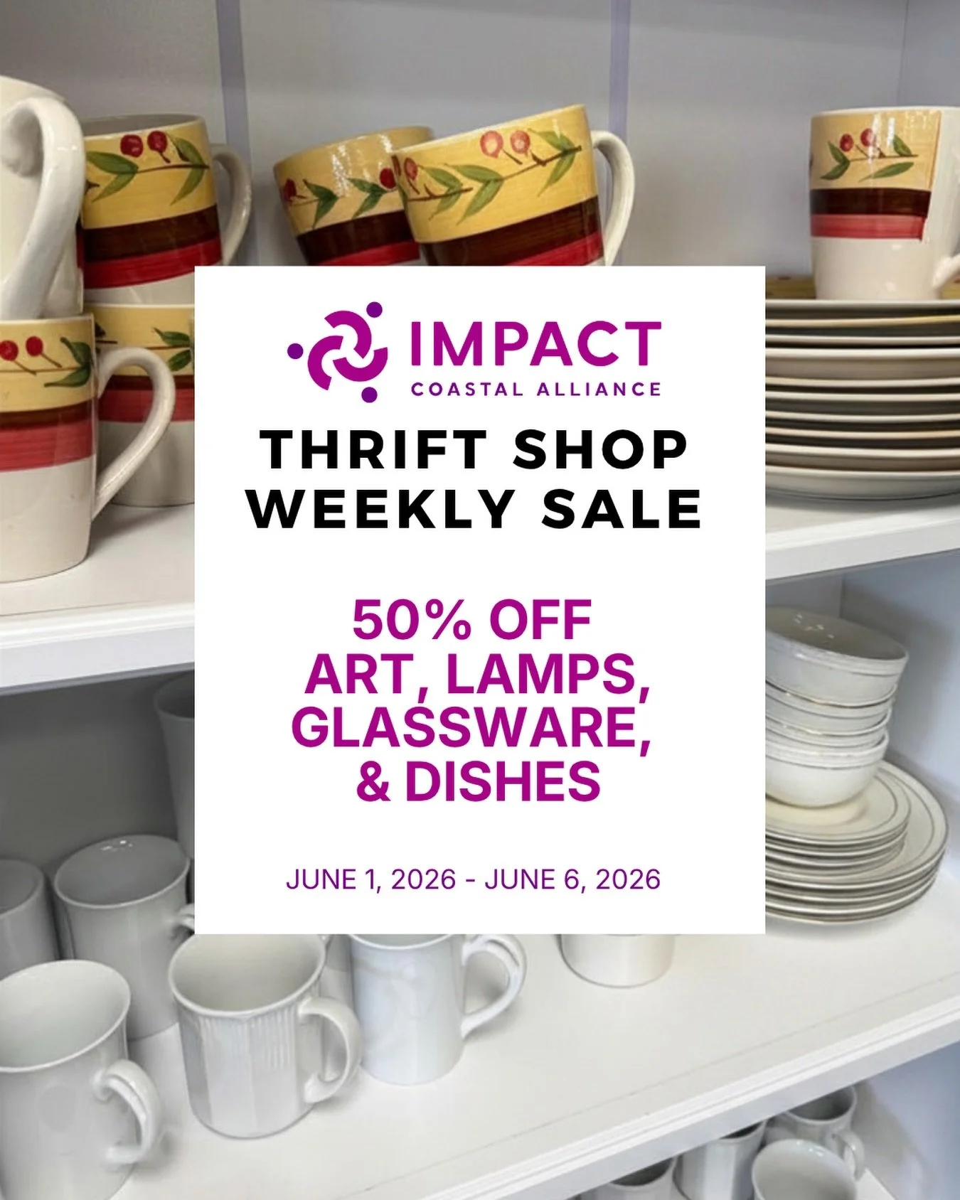 Enjoy 50% OFF all art, lamps, glassware,&nbsp;
&amp; dishes at our Thrift Shop 🛍️ this week only (6/1-6/6). 

You can bring new color to your kitchen, change up the look of your living room, or stock up on glassware before your next dinner event.

W