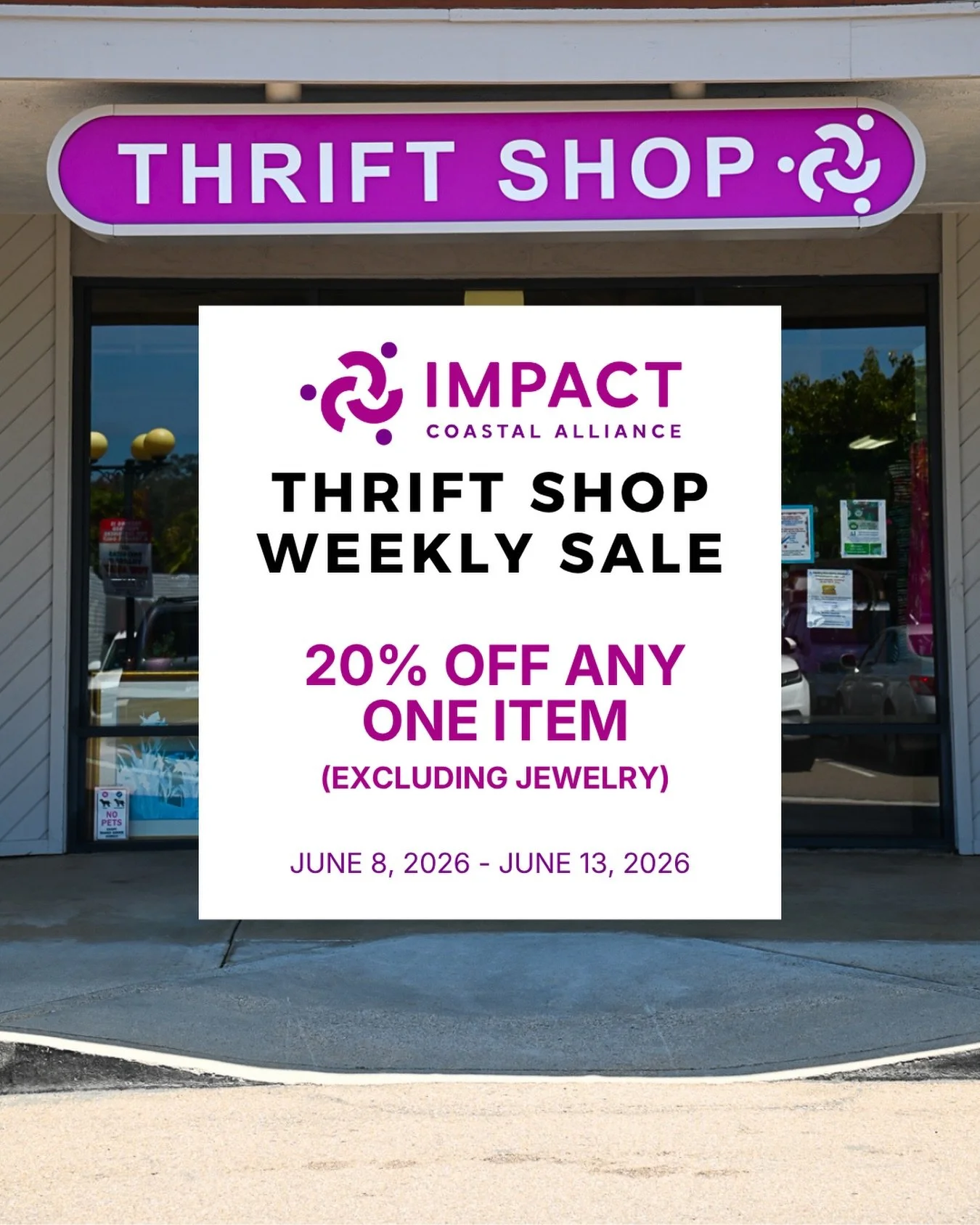 Enjoy 20% OFF any one item (excluding jewelry) at our Thrift Shop 🛍️ this week only (6/8-6/13)! 

You can use it to:
👗 Add to your wardrobe
🧩 Have a family game night
👜 Accessorize an outfit
🖼️ Spruce up a room
➕ and so much more!

What will you