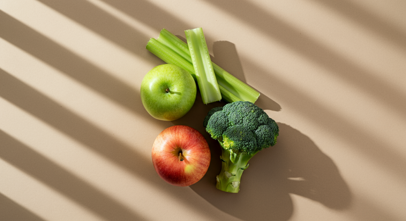 Green celery stalks, a green apple, a red apple, and a broccoli floret on a beige surface with sunlight and shadows.