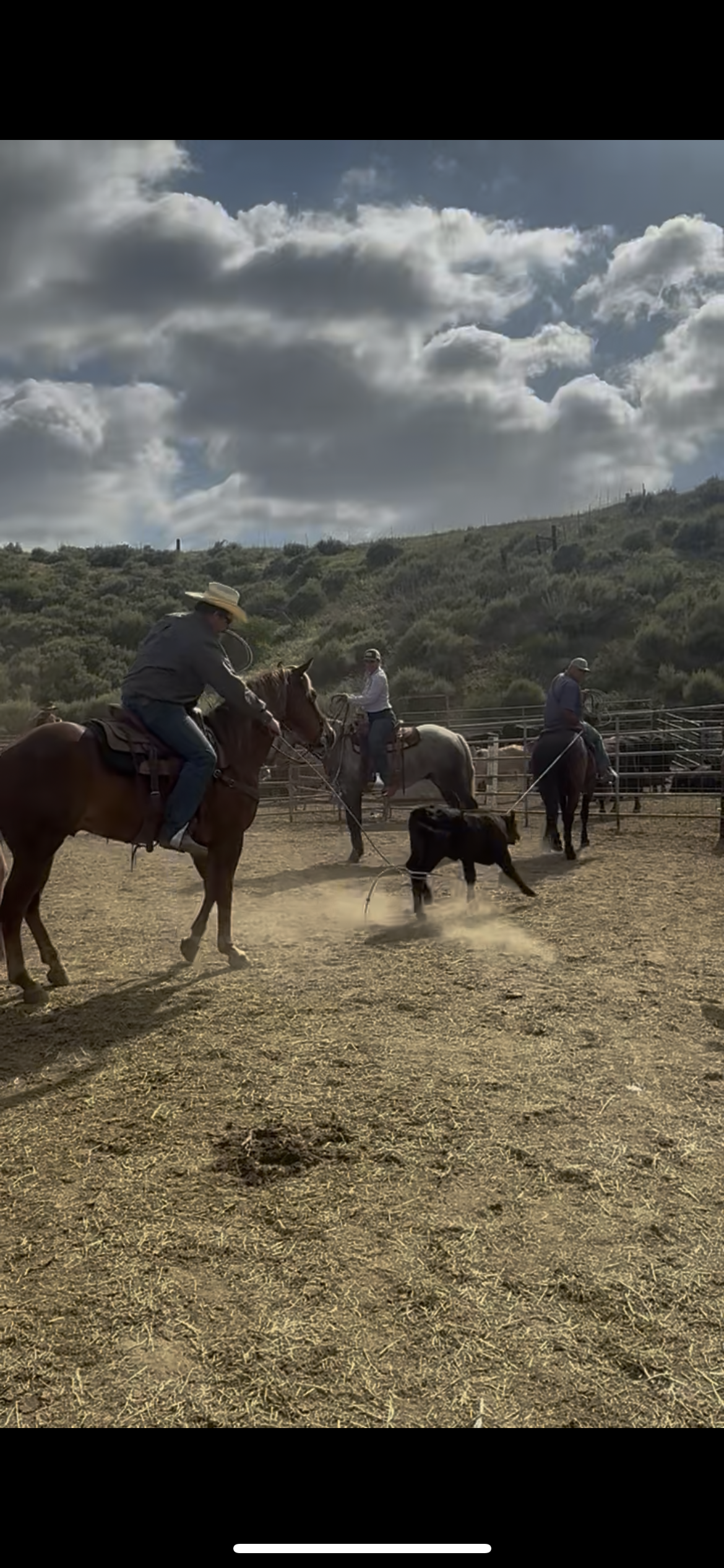 Group of three people riding horses in an outdoor arena, with a calf roping practice happening in the center under cloudy skies.