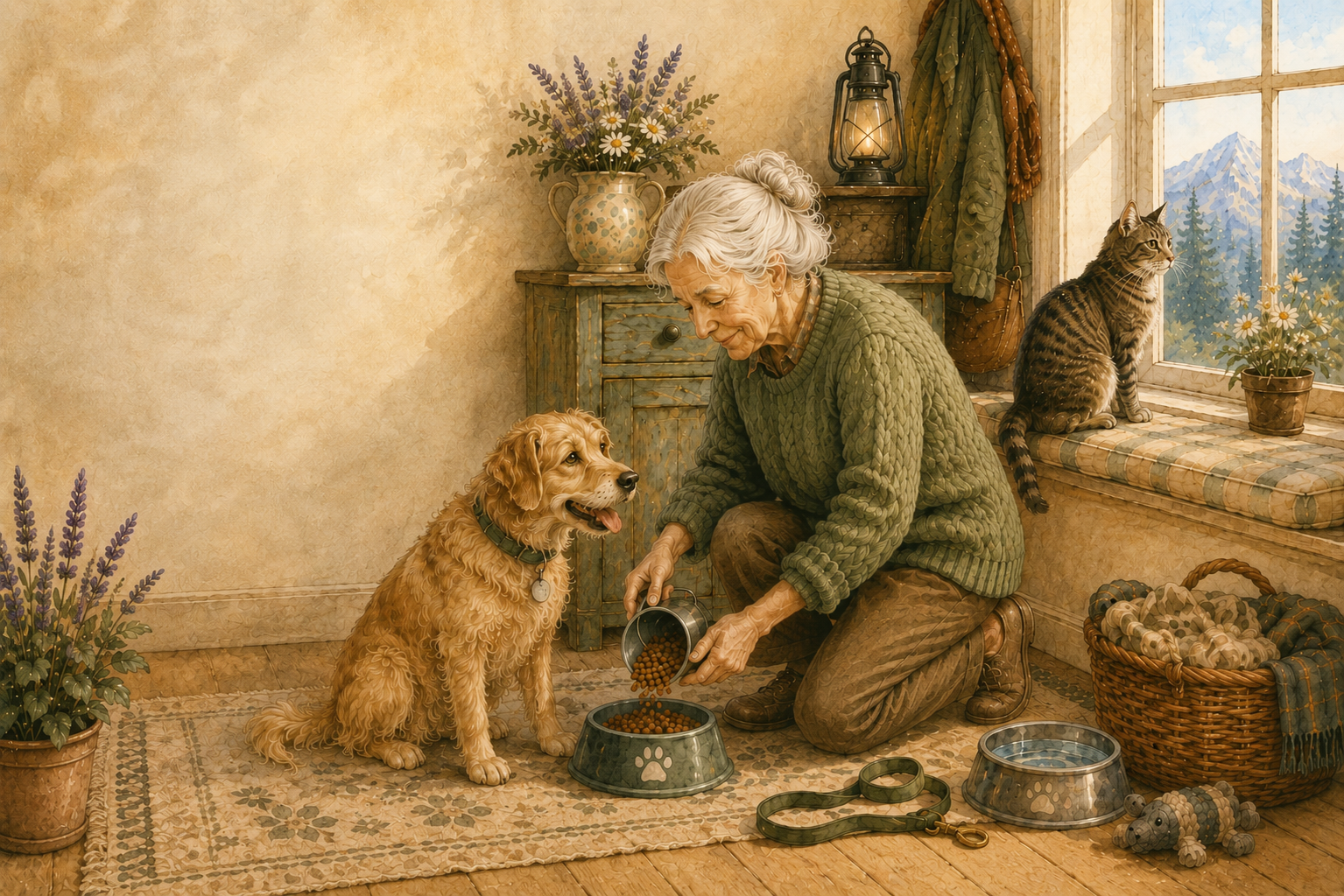 Watercolor illustration of an elderly woman feeding a companion dog while a cat rests by a sunny window, representing routine, purpose, and companionship in later life.