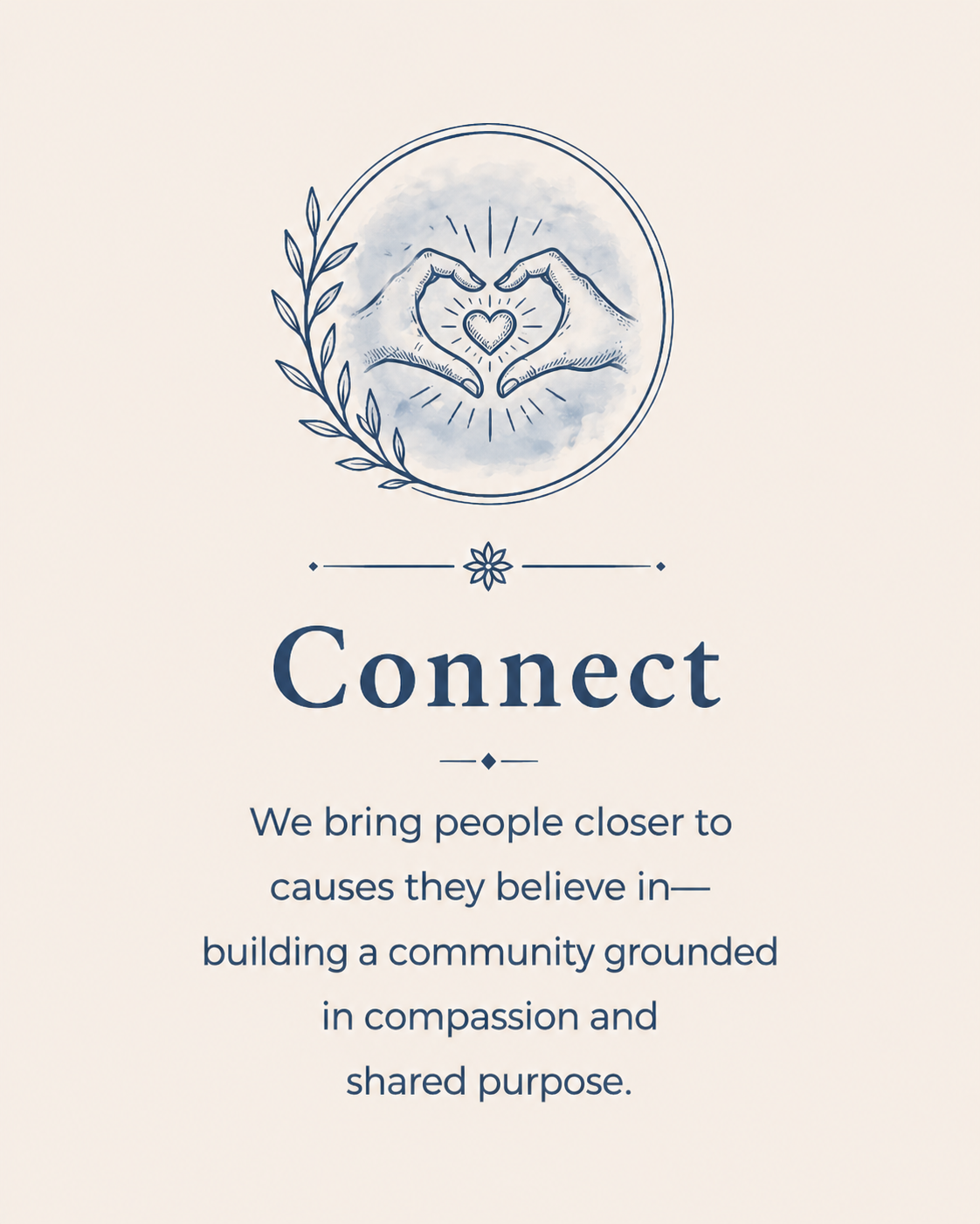 A graphic design with the word 'Connect' and the phrase 'We bring people closer to causes they believe in—building a community grounded in compassion and shared purpose.' It features two hands forming a heart shape with a small heart in the middle, surrounded by a circular outline and a decorative leaf on the side.