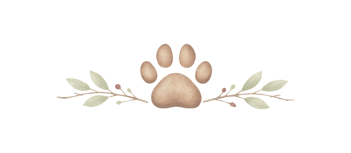 The Benevolent Wolf Watercolor illustration of a dog paw print with leaves and small berries on either side.