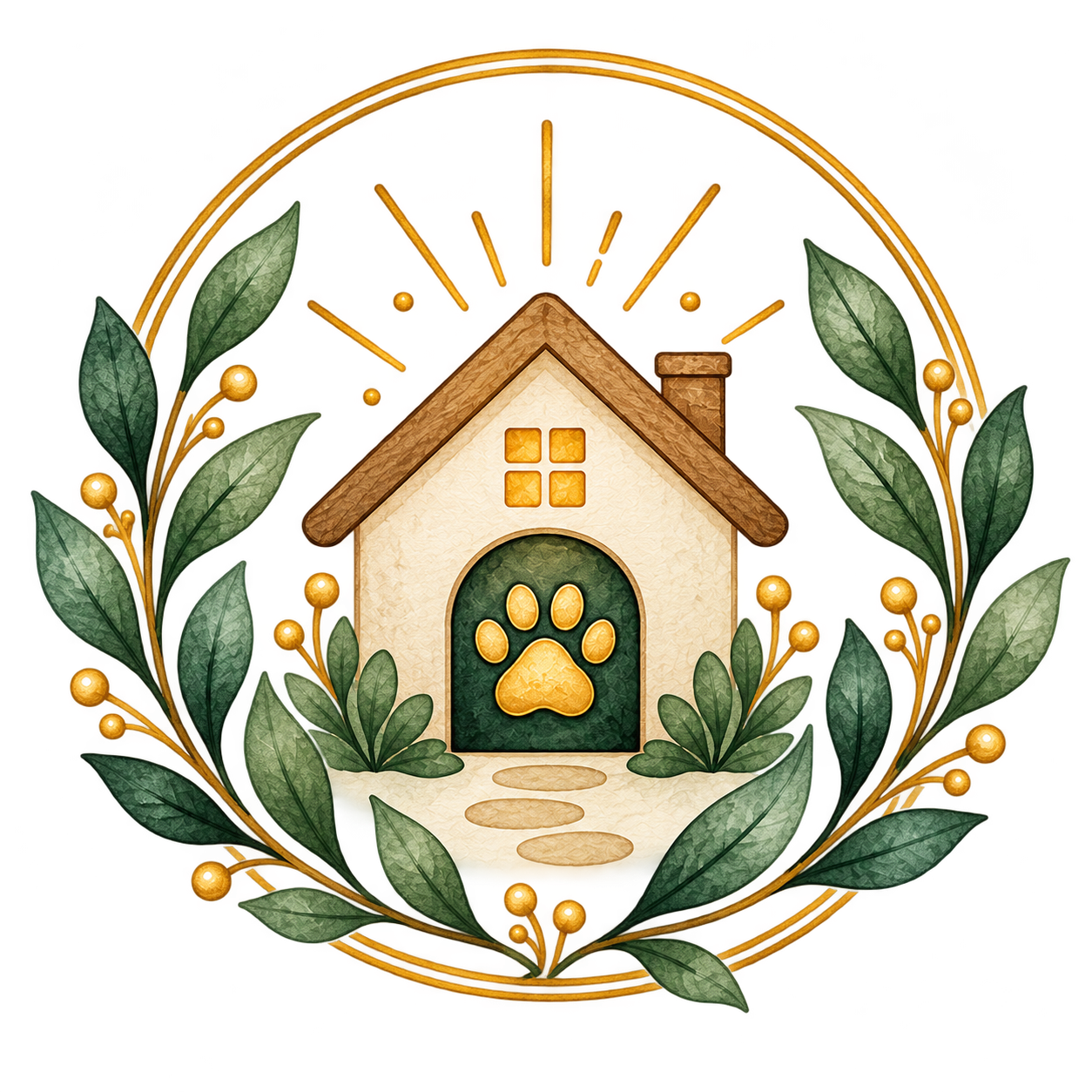 Adopt icon with a house and pawprint door encircled with green floral elements