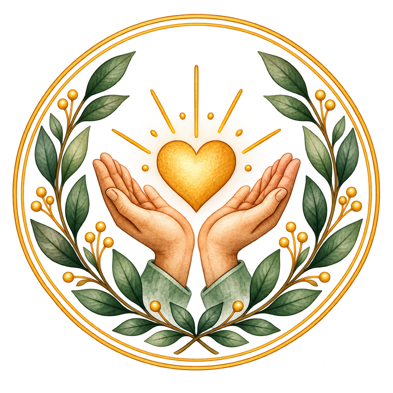 get involved icon with hands raising a heart encircled by floral elements
