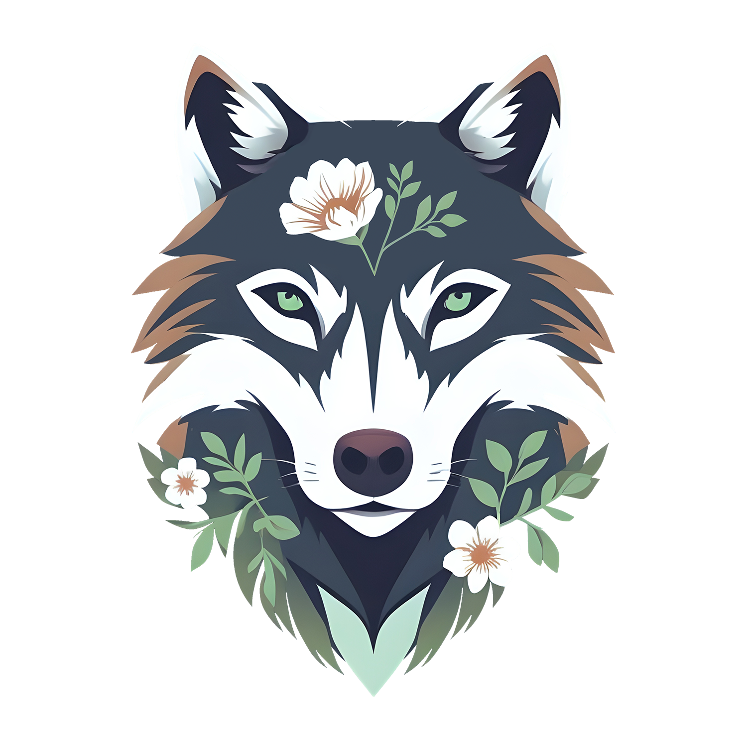 The Benevolent Wolf Logo Stylized illustration of a wolf's face with green eyes, adorned with flowers and green leaves.