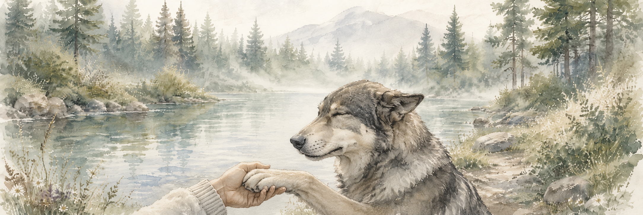 The Benevolent Wolf Footer Watercolor painting of a wolf sitting by a river in a forest, holding paws with a person's hand, with trees and mountains in the background.