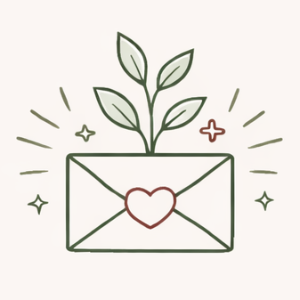 The Benevolent Wolf Icon for Communicate A letter with a heart on it, sprouting a plant with leaves, surrounded by decorative sparkles and plus signs.