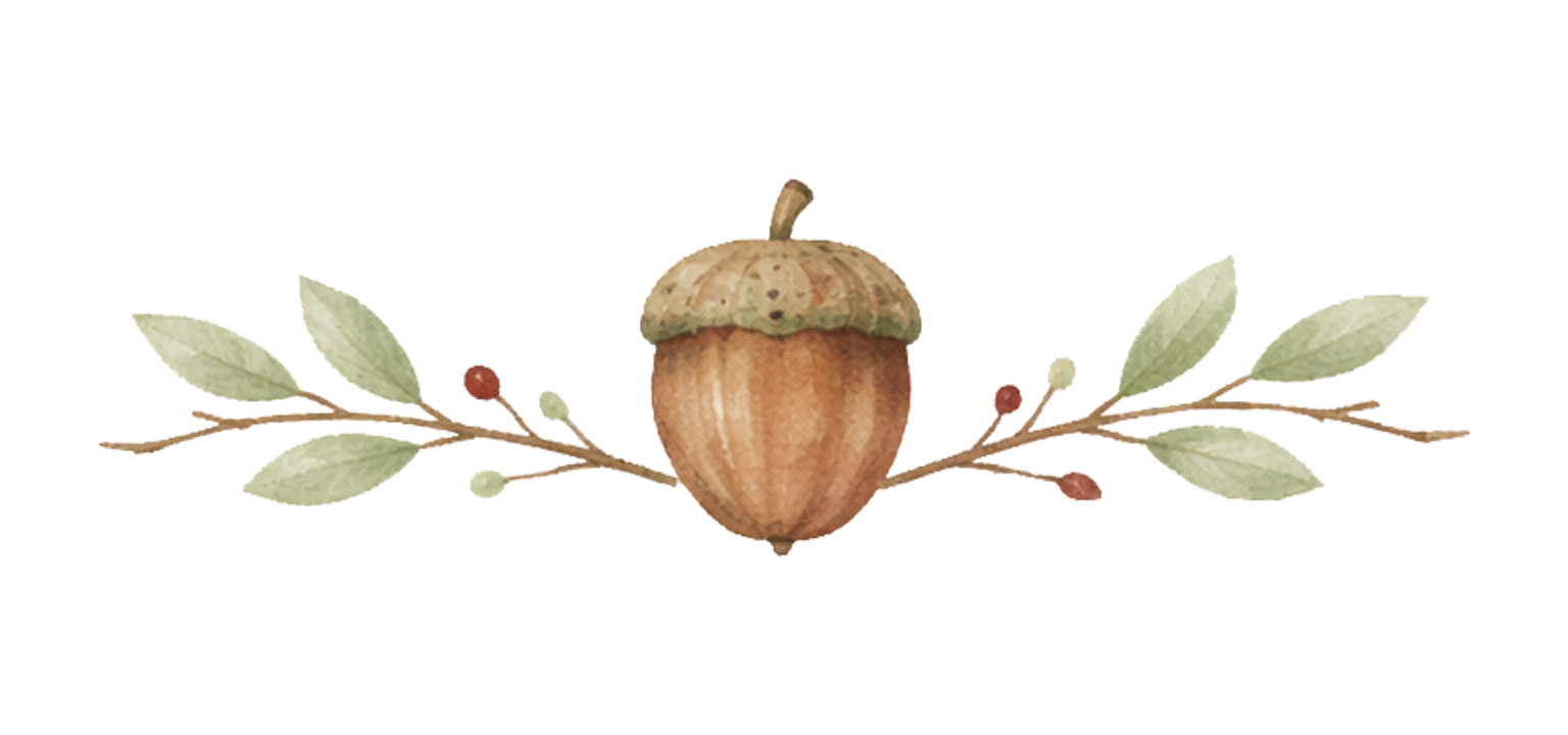 The Benevolent Wolf Watercolor illustration of a large acorn with a leaf and berry branch.