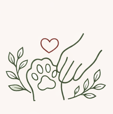 The Benevolent Wolf Icon for Adopt Simple line drawing of a paw print, leaves, and a hand with a heart above.