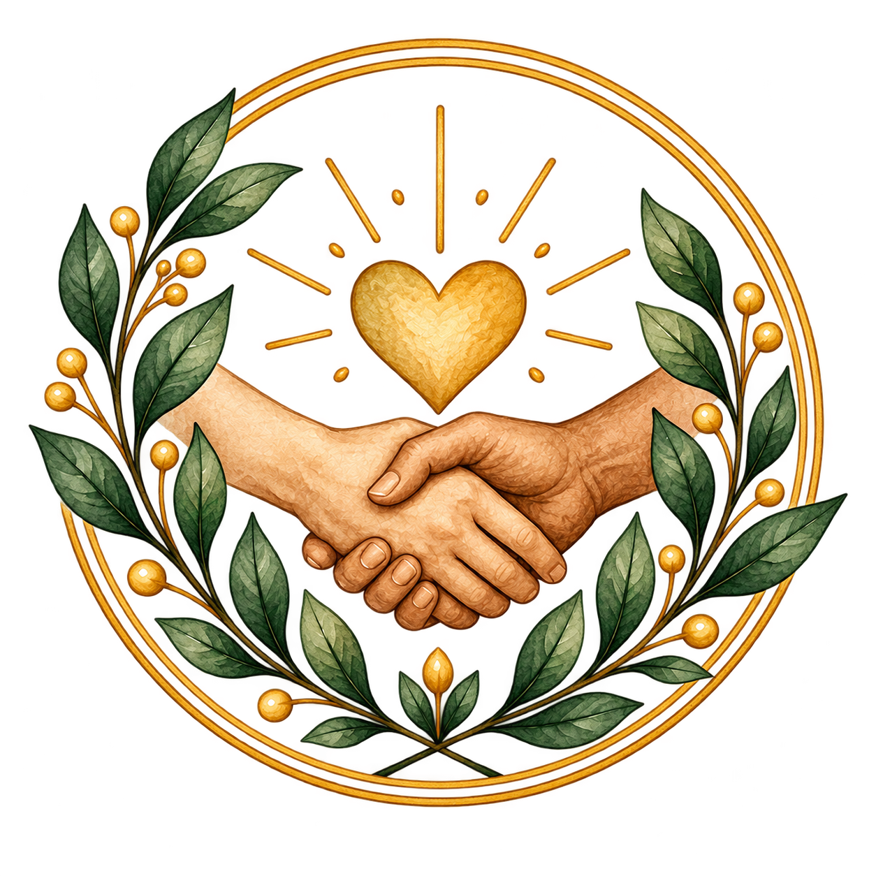 Donation symbol with heart and handshakes and green floral elements