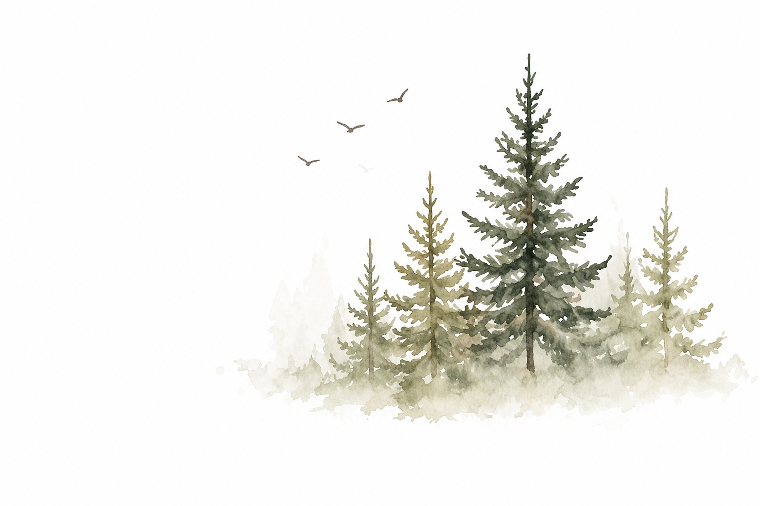 The Benevolent Wolf Watercolor painting of pine trees with birds flying in the sky