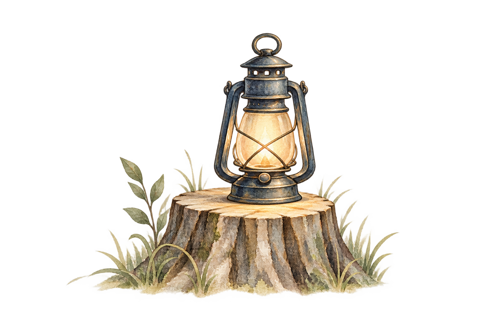Watercolor illustration of a softly glowing field lantern resting on a woodland stump.