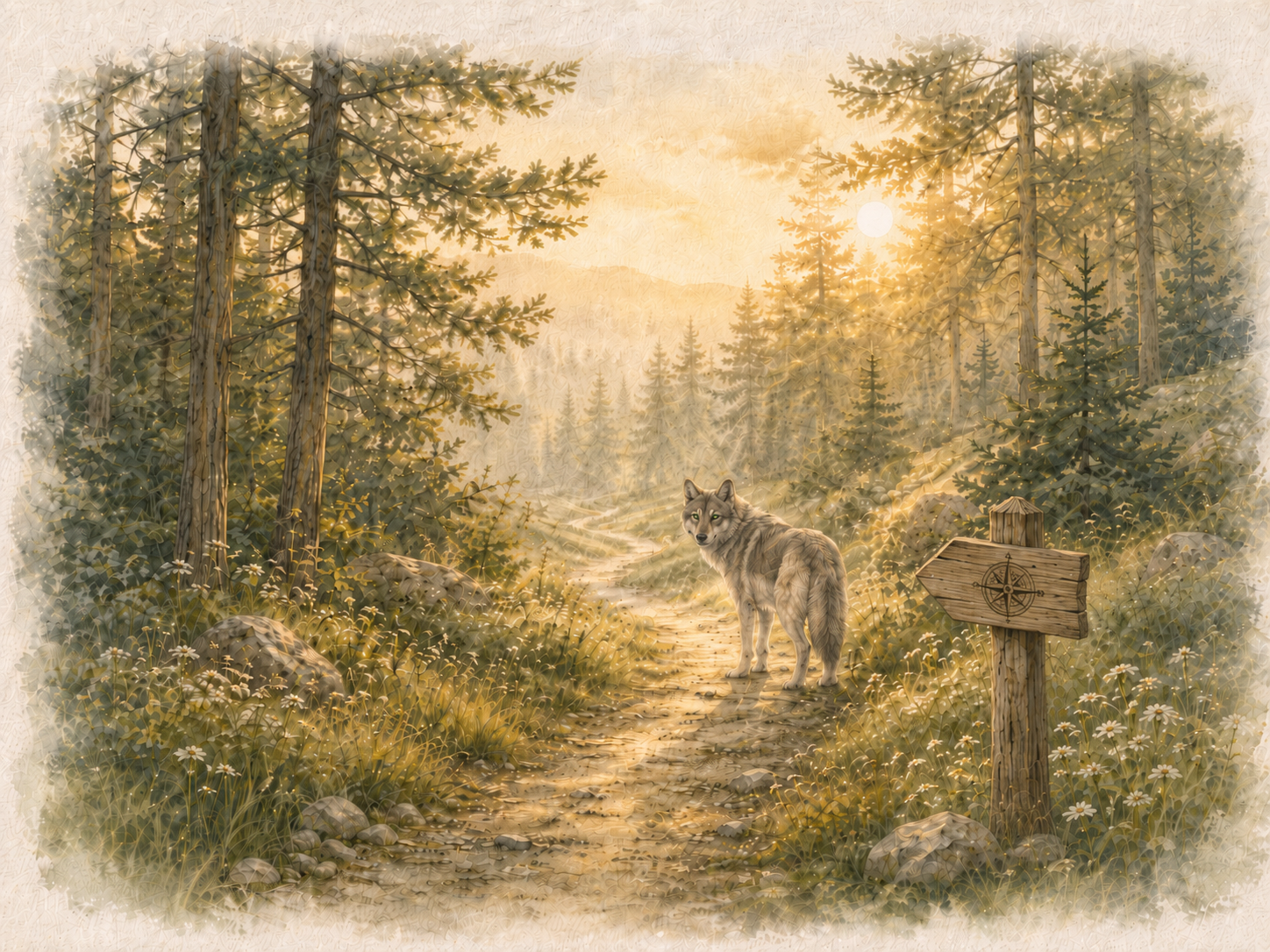 Watercolor illustration of a wolf standing on a sunlit forest trail beside a wooden trail marker engraved with a compass.