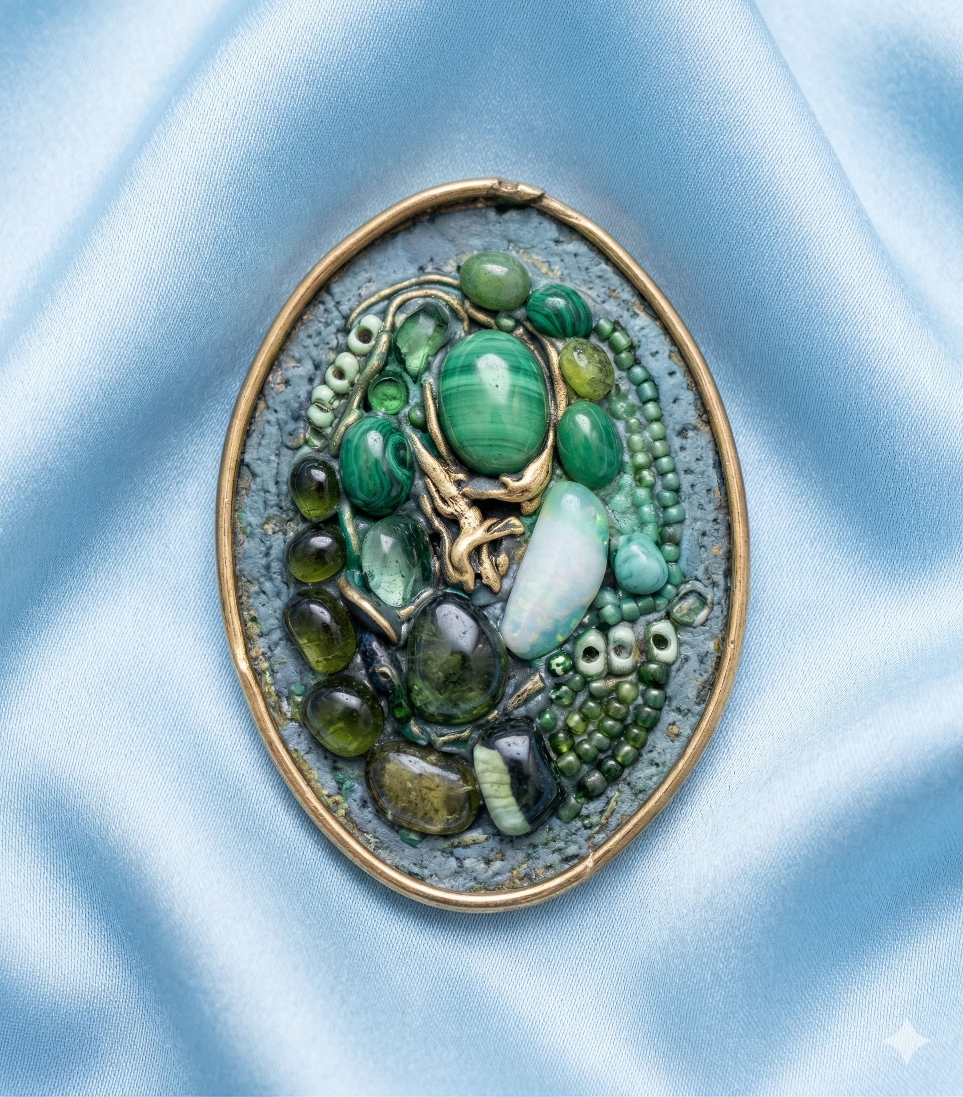 Vintage Artisan Green Malachite & Glass Cabochon Statement Pendant - Gold Fleck Resin