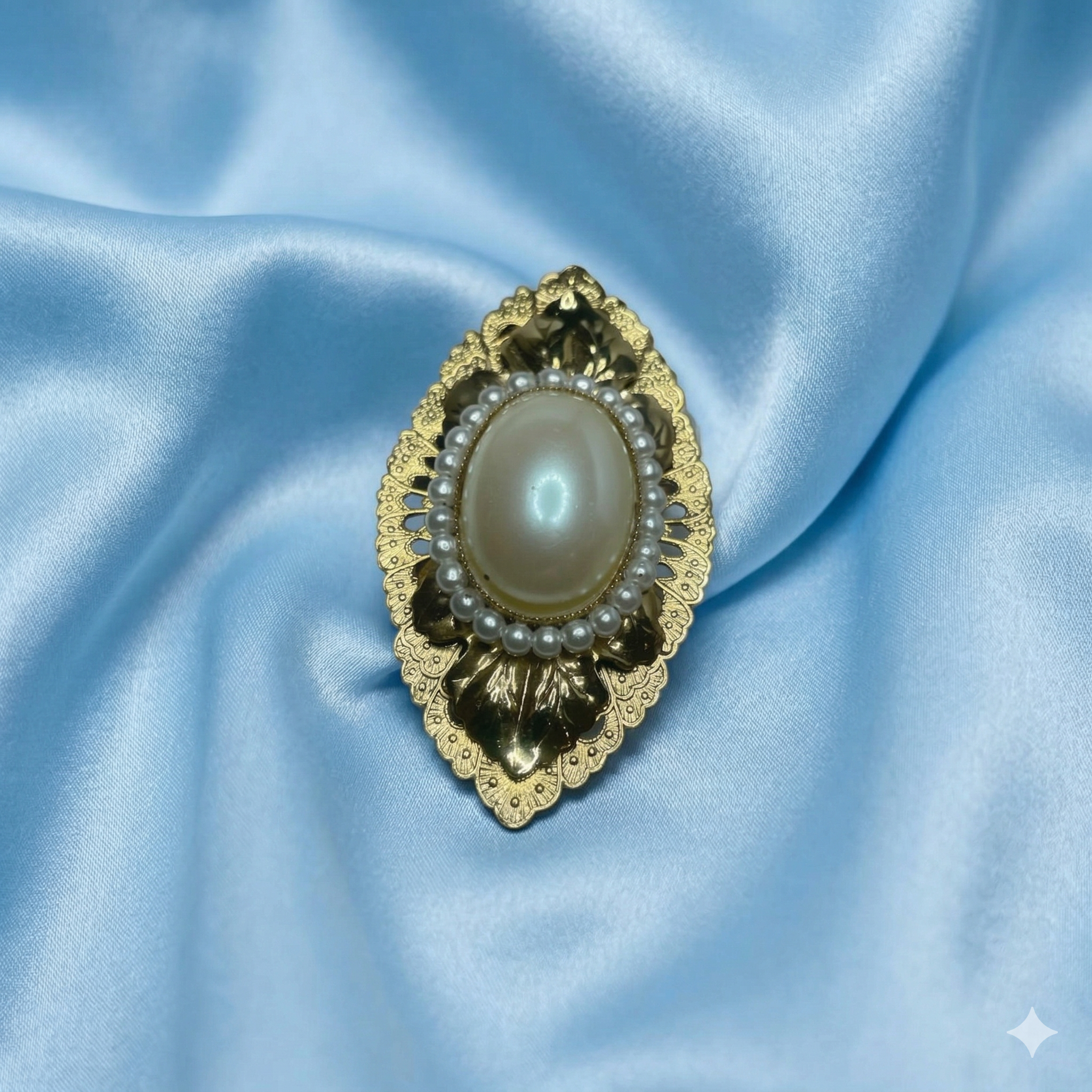 Victorian Revival Gold-Tone Filigree & Pearl Brooch — 16.0g — 3" x 1.5"