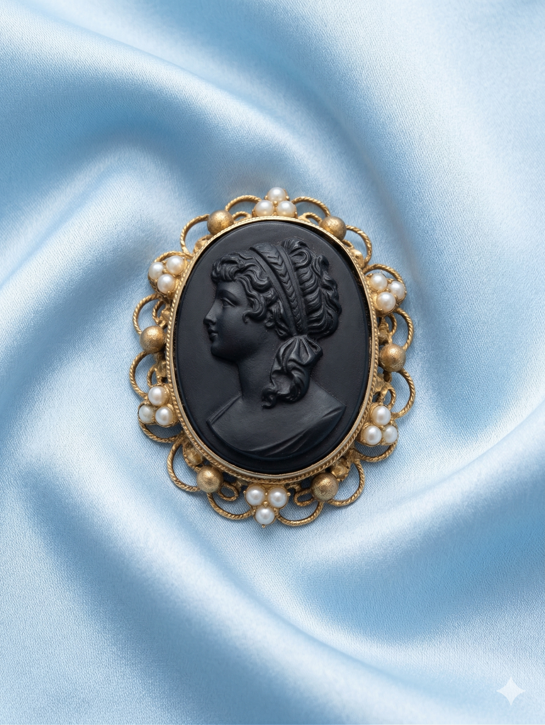 Mid-Century "Noir" Cameo Brooch - Gothic Revival with Faux Seed Pearls