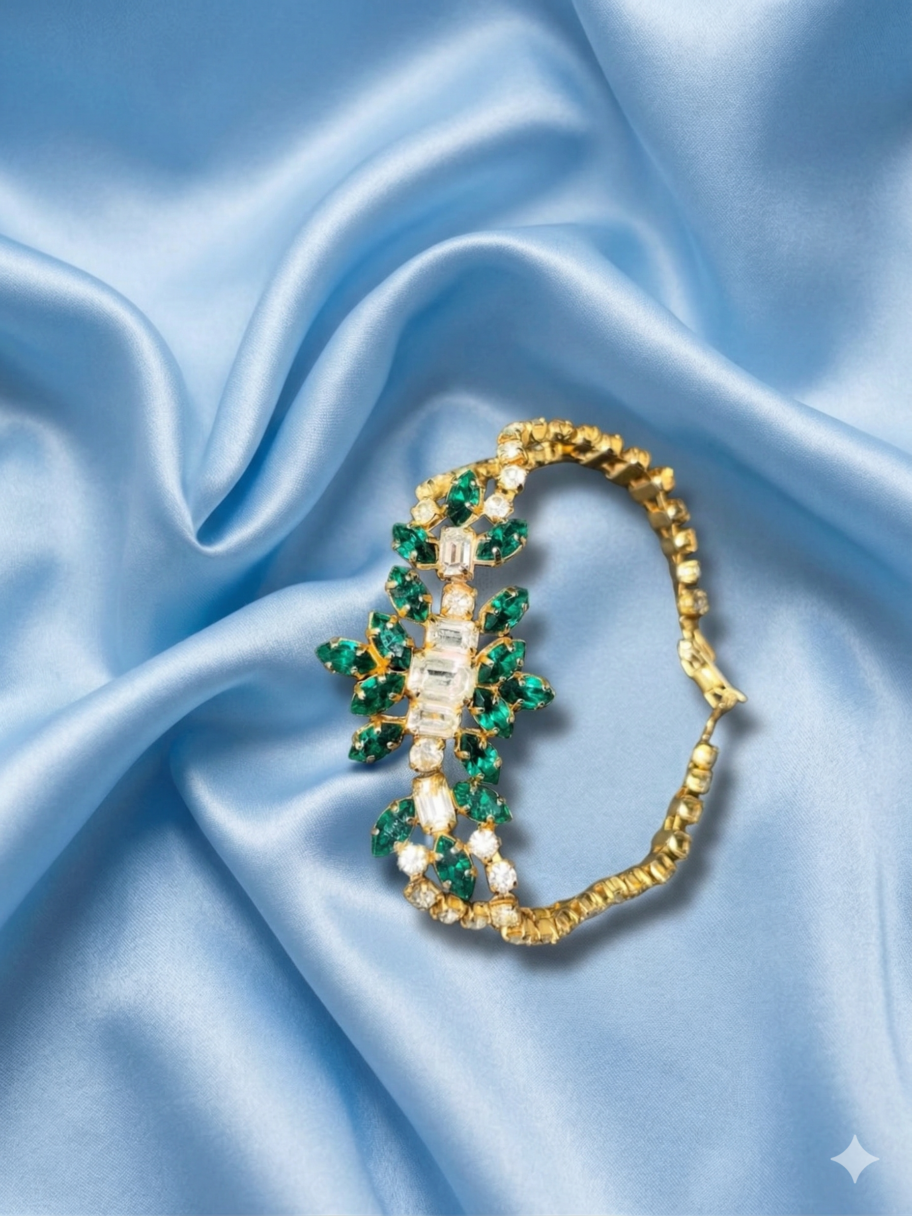 Vintage Mid-Century Green & Clear Marquise Rhinestone Statement Bracelet - Gold Toned