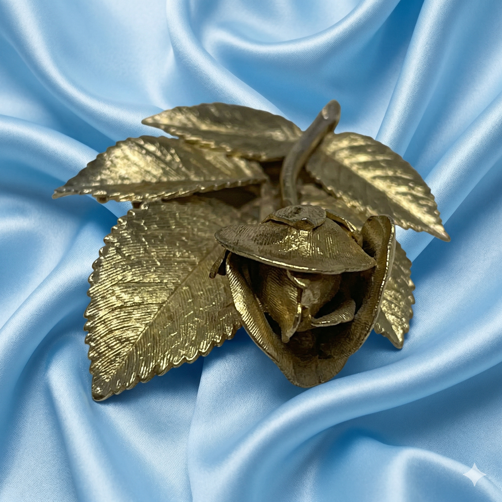 Artisanal Brushed Gold Rose Botanical Brooch — 13.0g — 3" x 2"