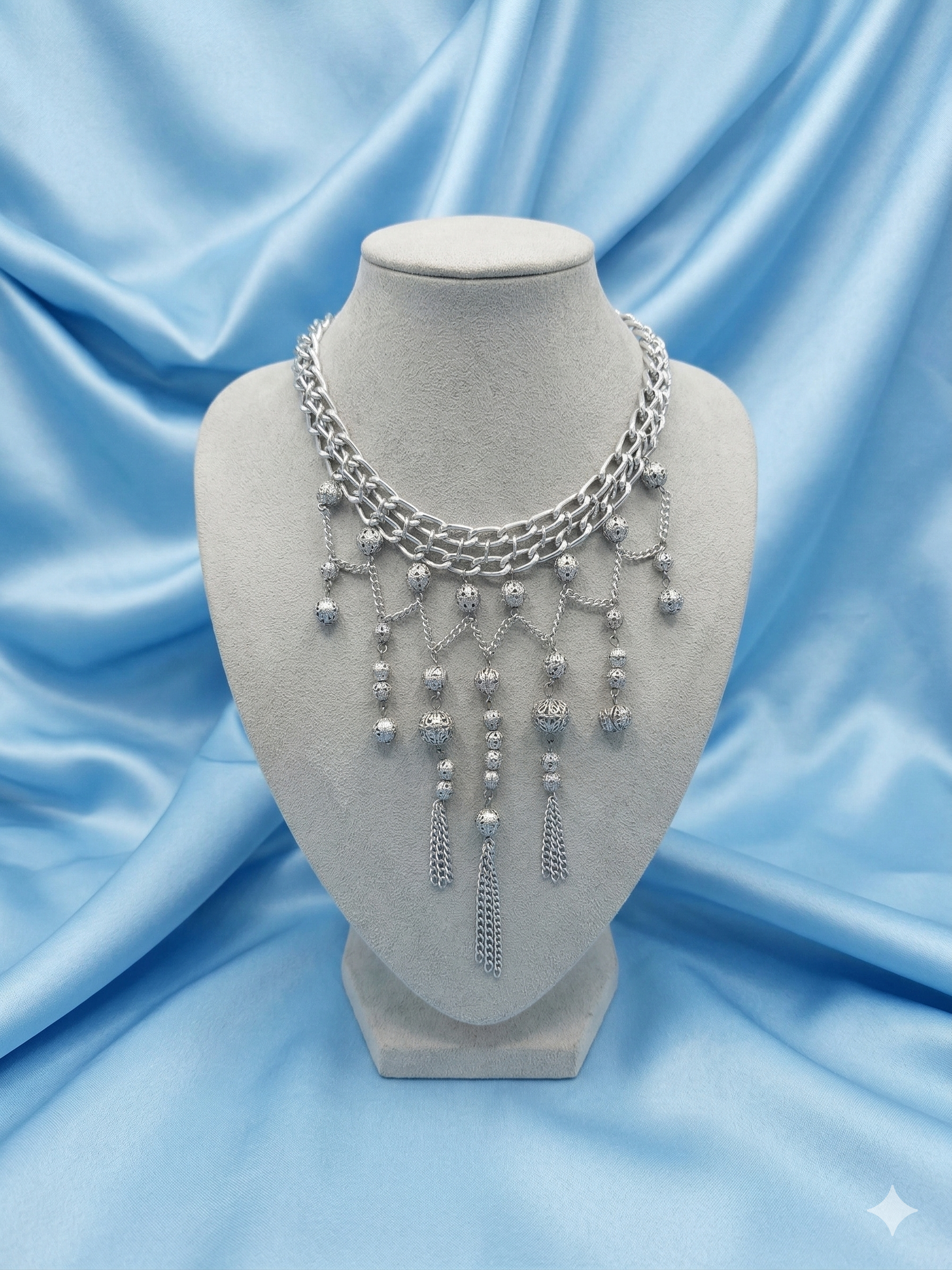 Vintage Silver-Tone Waterfall Bib Necklace – Signed Hong Kong – 24g Non-Magnetic Fringe