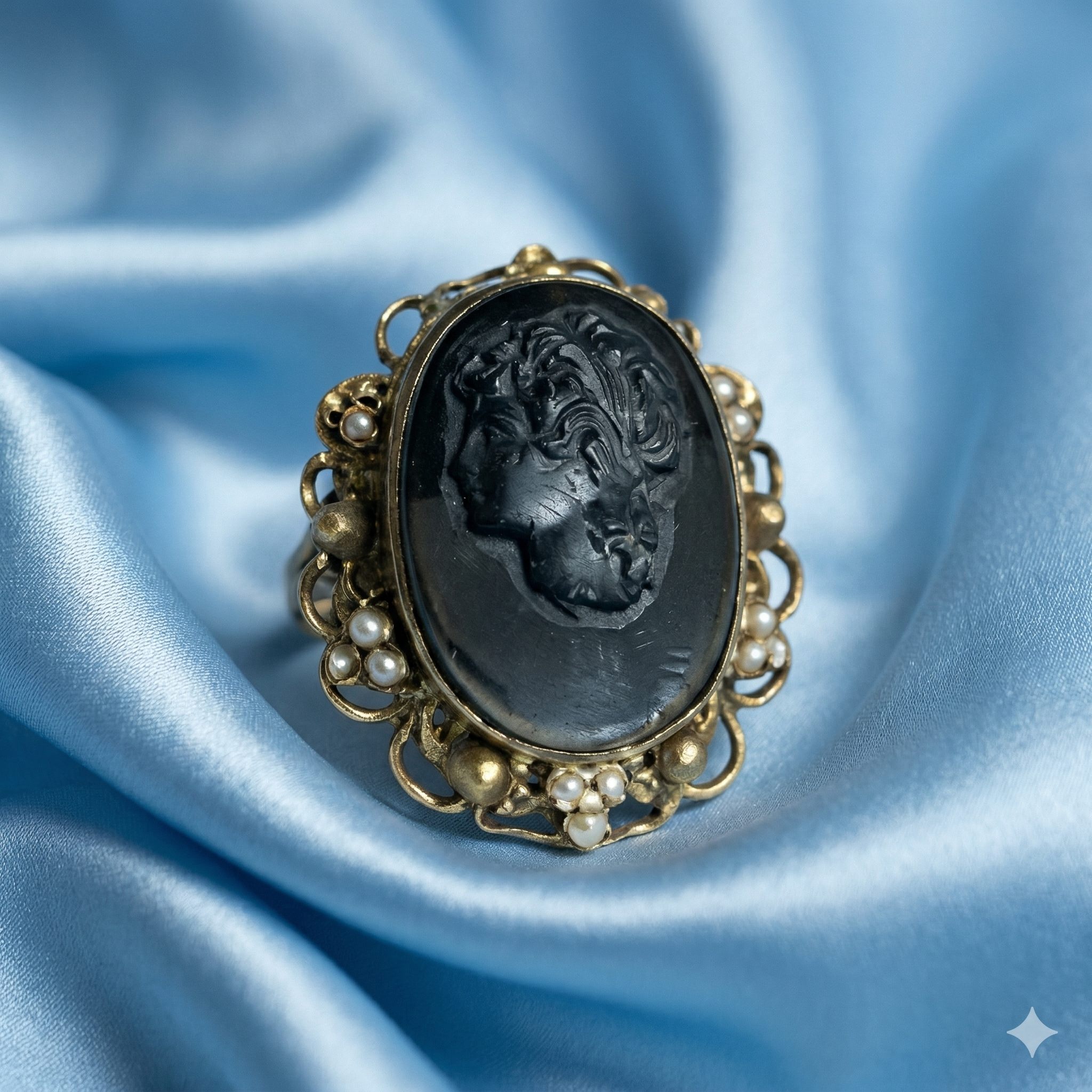 Victorian Revival Noir Cameo & Pearl Brooch — 13.0g — 2" x 1"