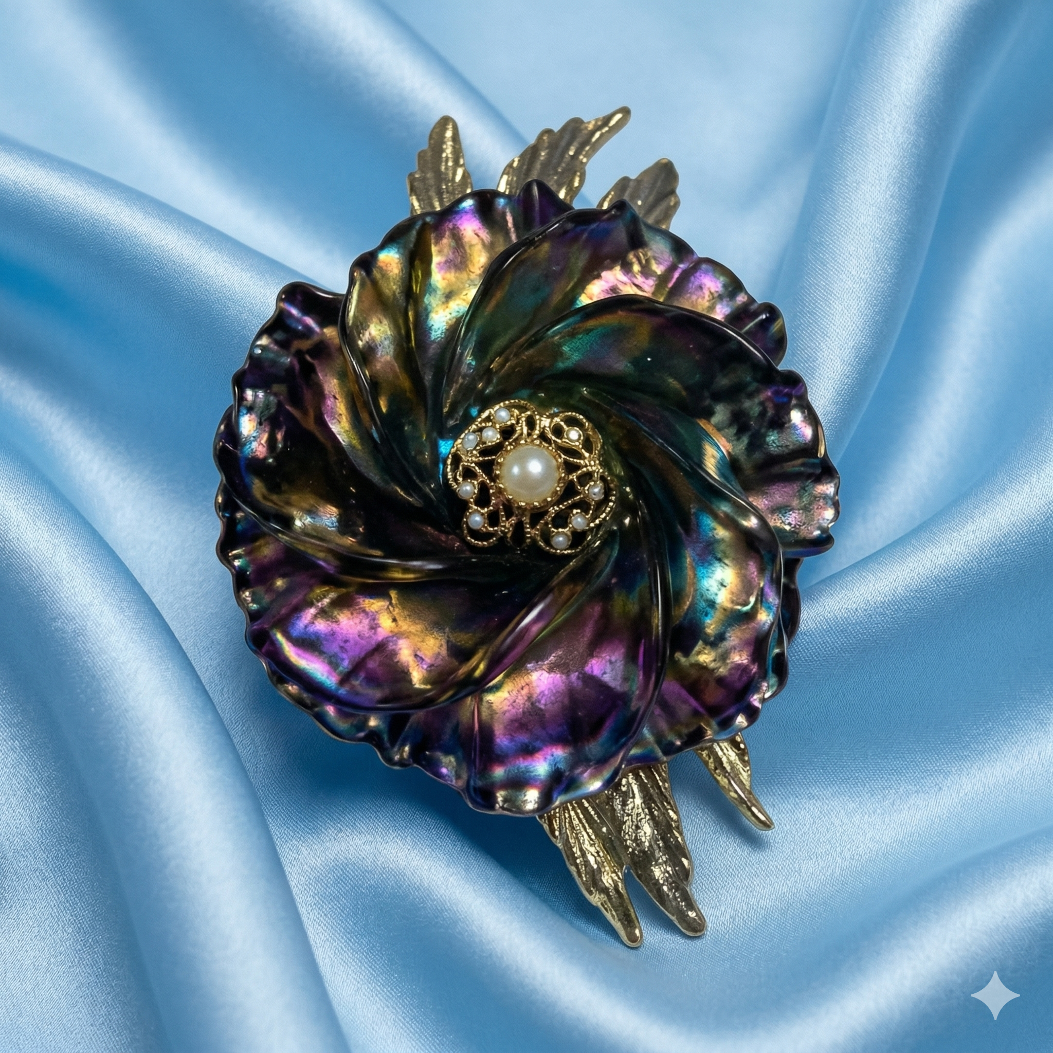 Vintage Iridescent "Oil Slick" Floral Statement Brooch — 37.0g.