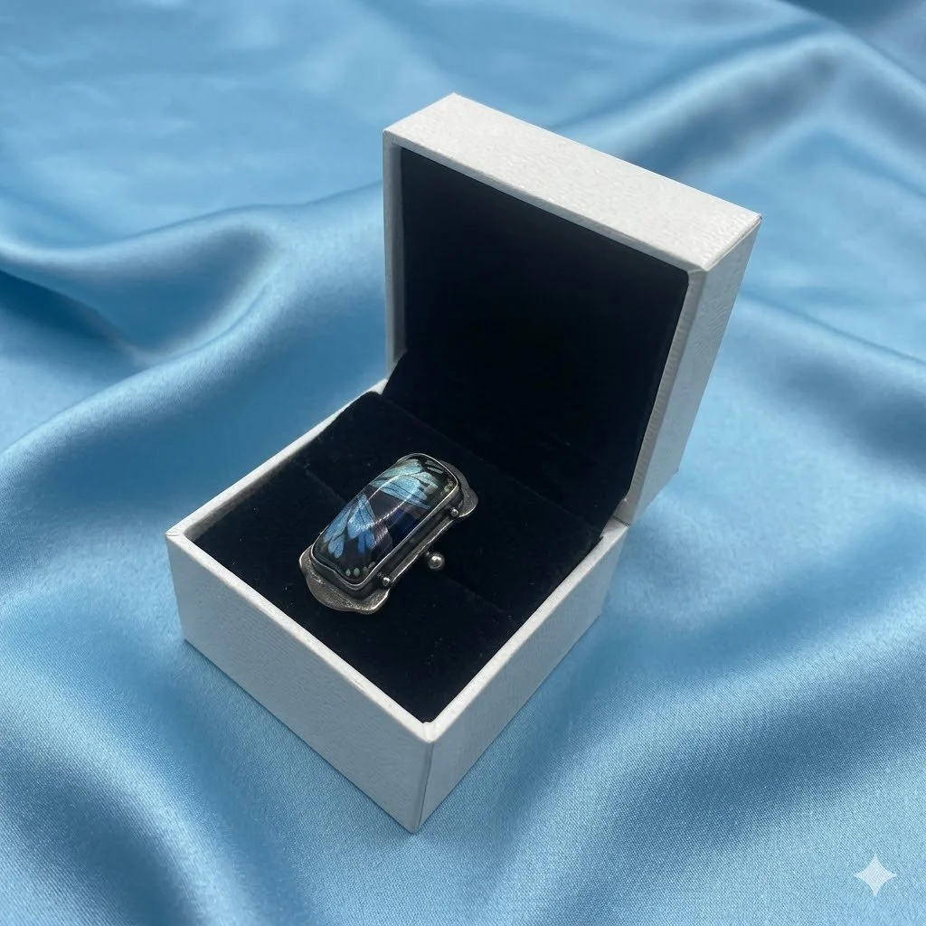 Rectangular Silver & Iridescent Blue-Flash Ring — 6.0g — Size M