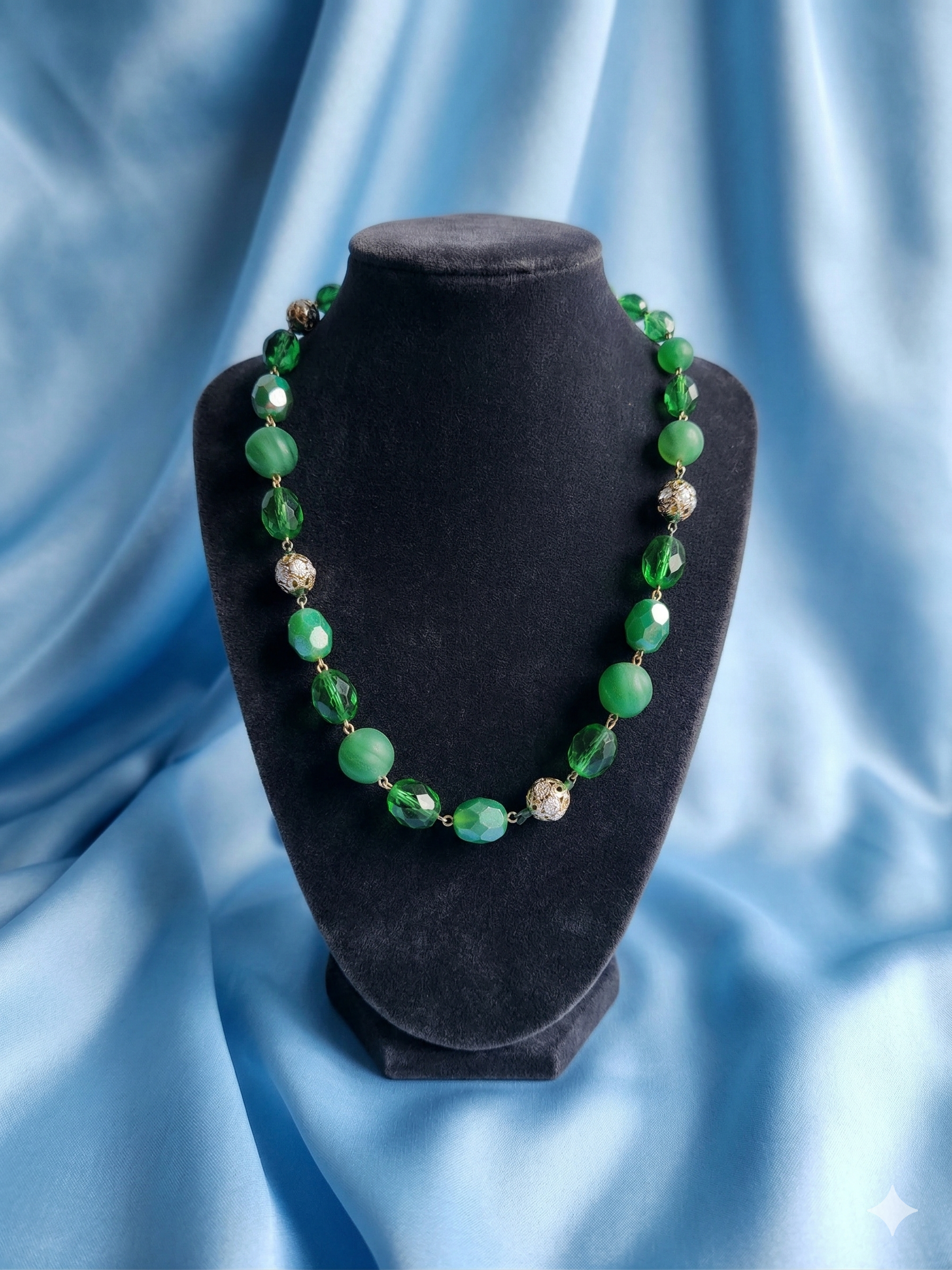 Stunning Stamped Austria Vintage Green Art Glass & Filigree Bead Necklace - Collectible Bib