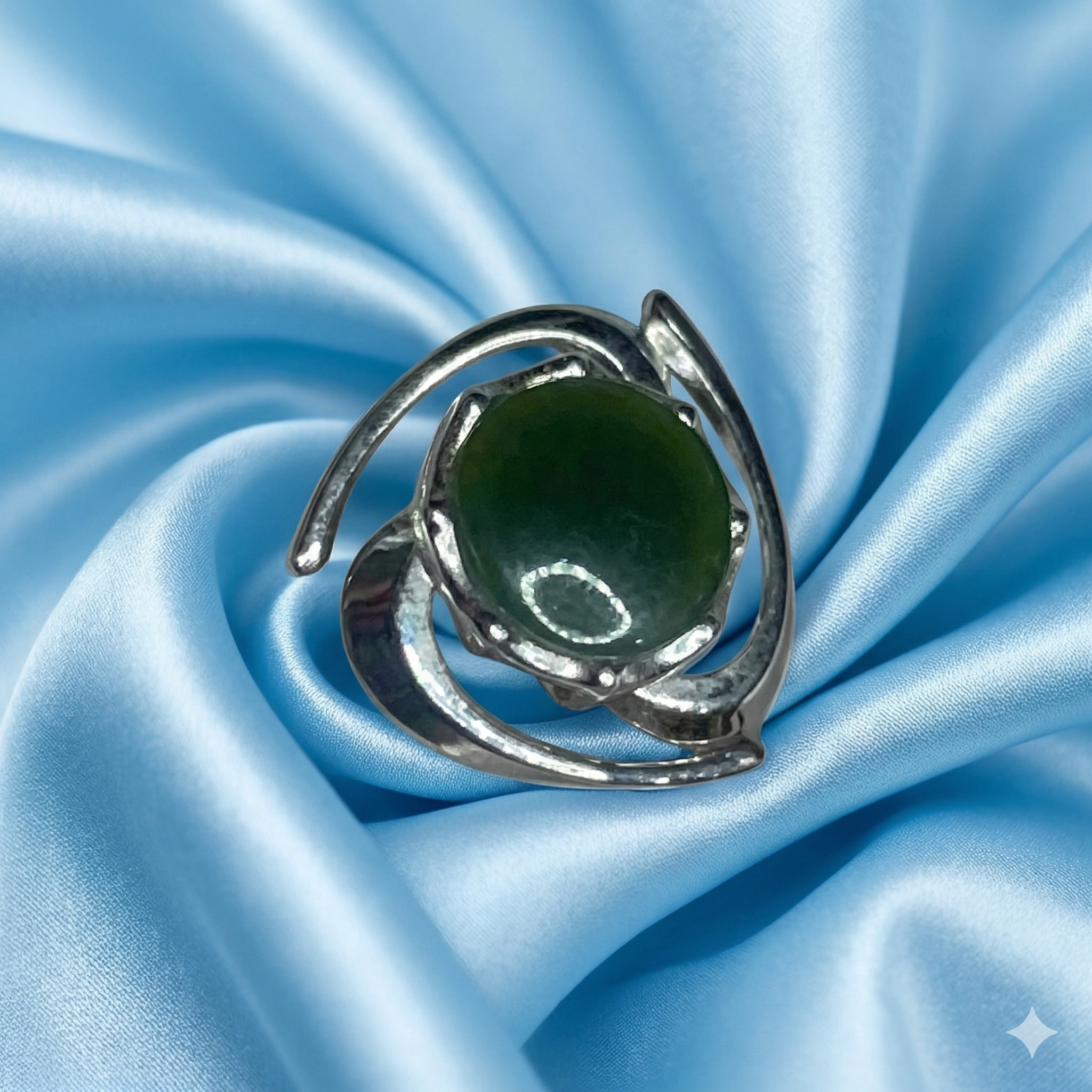 Modernist Silver-Tone "Orbit" Green Jade-Style Brooch — 5.0g