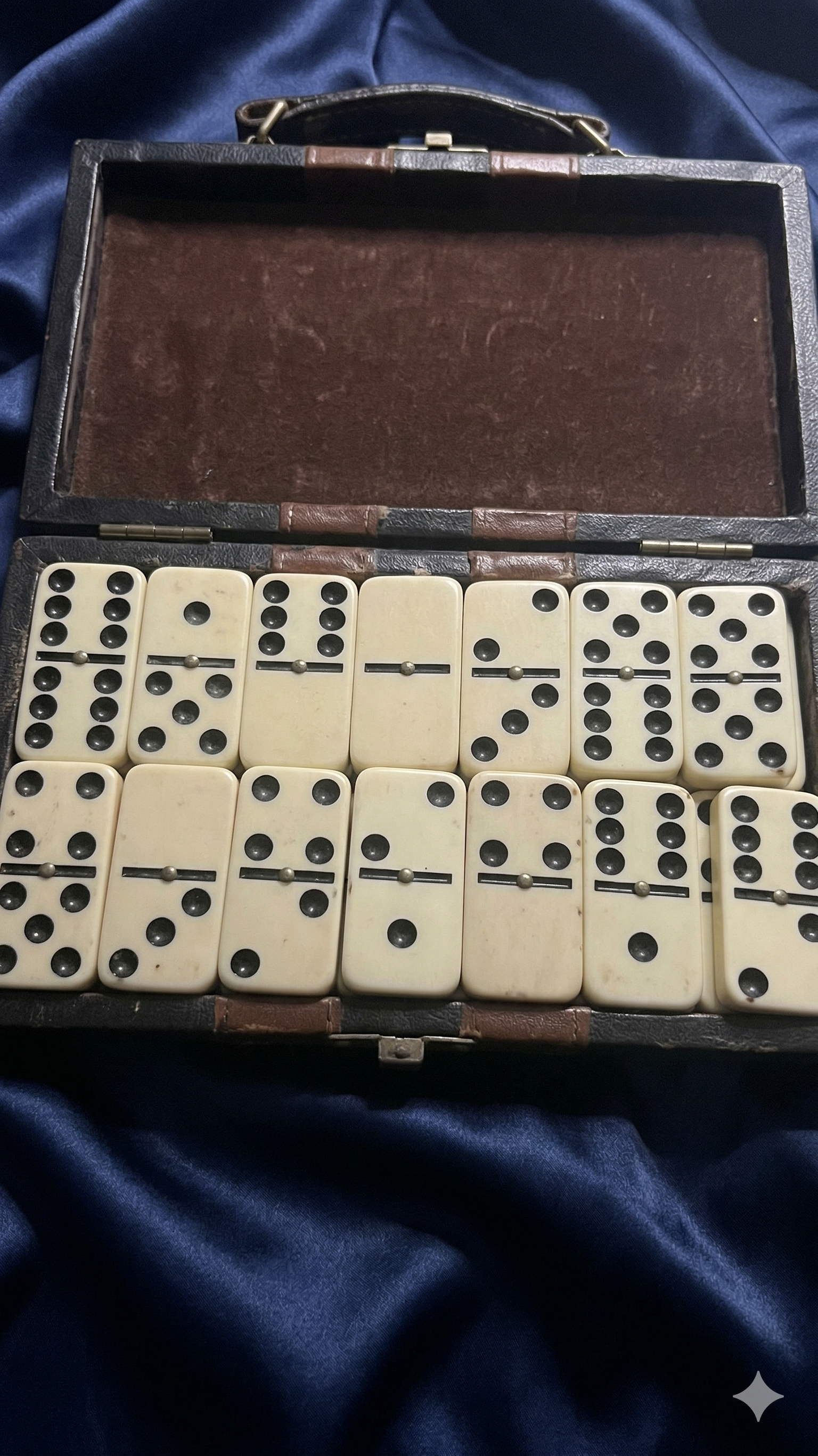 Vintage Mid-Century Domino Set - Double-Six with Brass Spinners - Velvet-Lined Briefcase Case