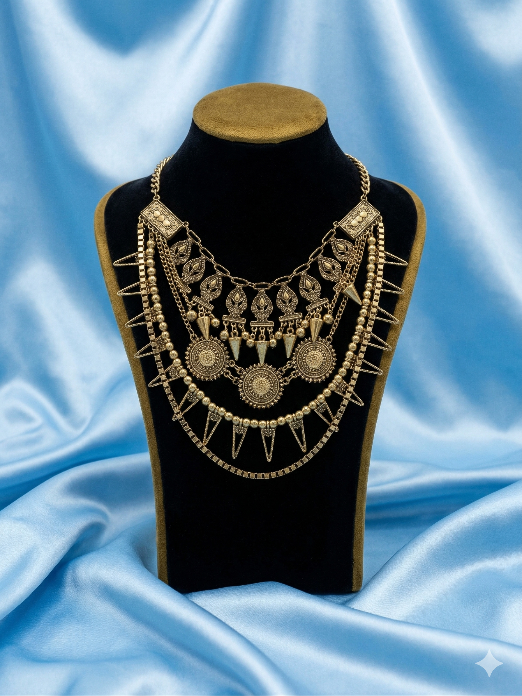 Antique Gold Multi-Layered Statement Necklace - Bohemian Tribal Style Bib