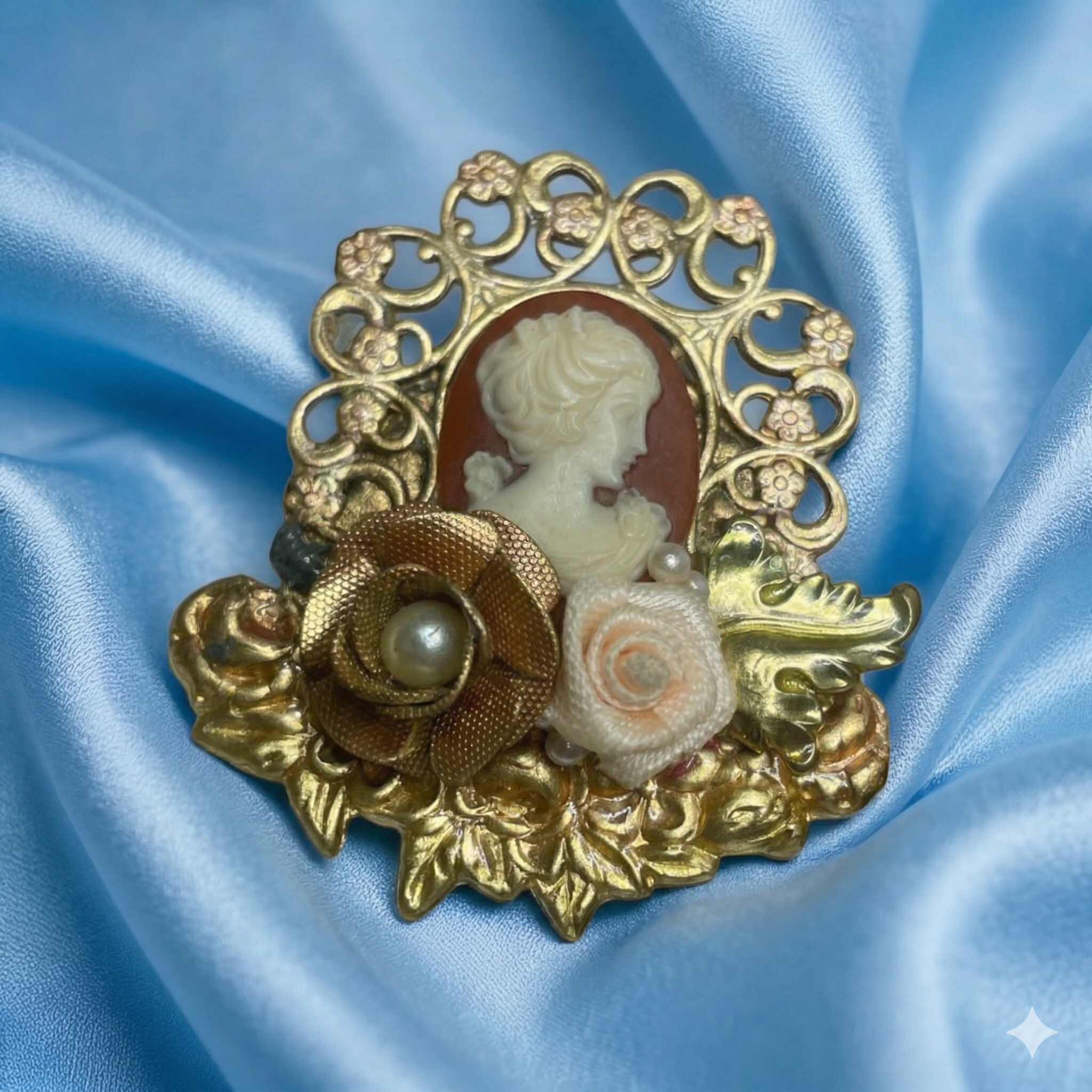 Victorian Revival Multi-Media Cameo & Rose Brooch — 10.0g — 2" x 1"