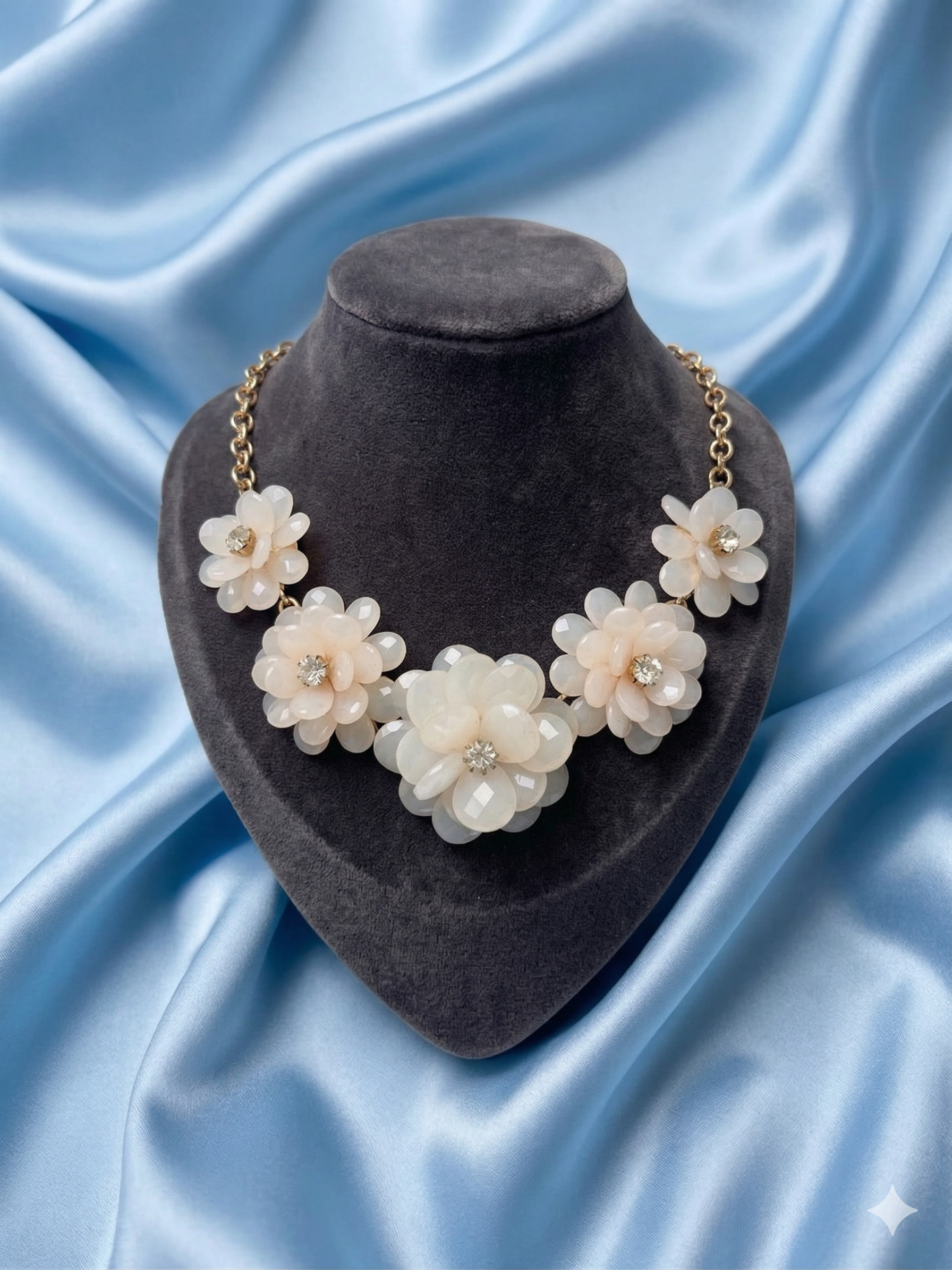 Bridal Floral Bib Necklace - Multifaceted Milky White Flowers & Gold Chain Statement Piece