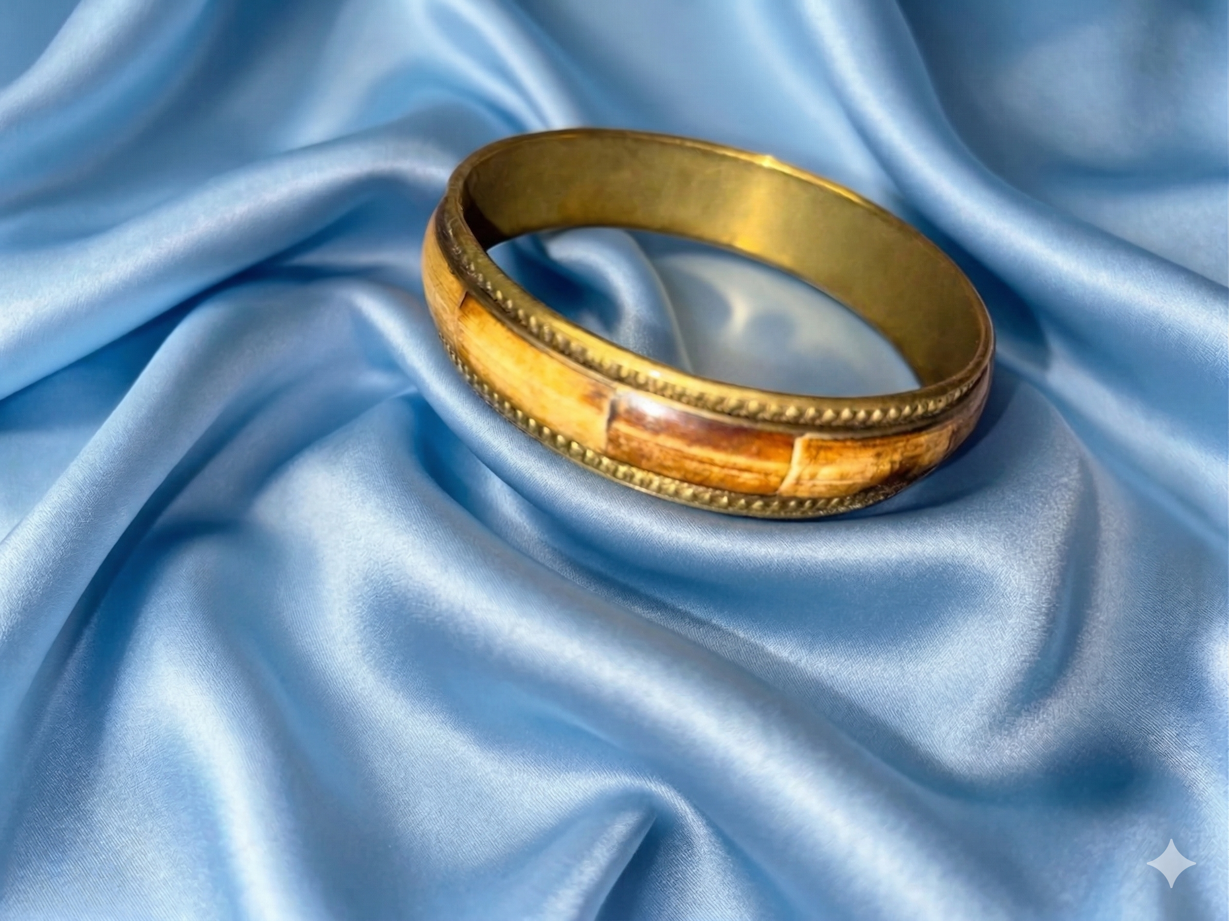 Vintage Brass Bangle Bracelet with Tiger’s Eye Quartz and Bone Mosaic Inlay - Art Deco Tribal Fusion